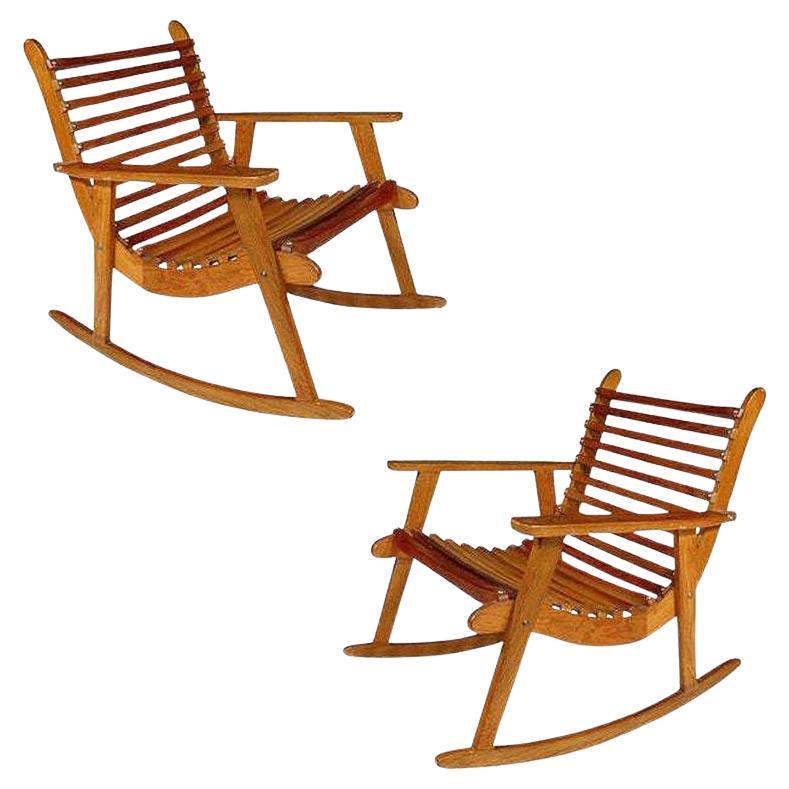 Mid-century Slat Wood Easy Rocking Chair by Michael Van Beuren for Domus, Pair