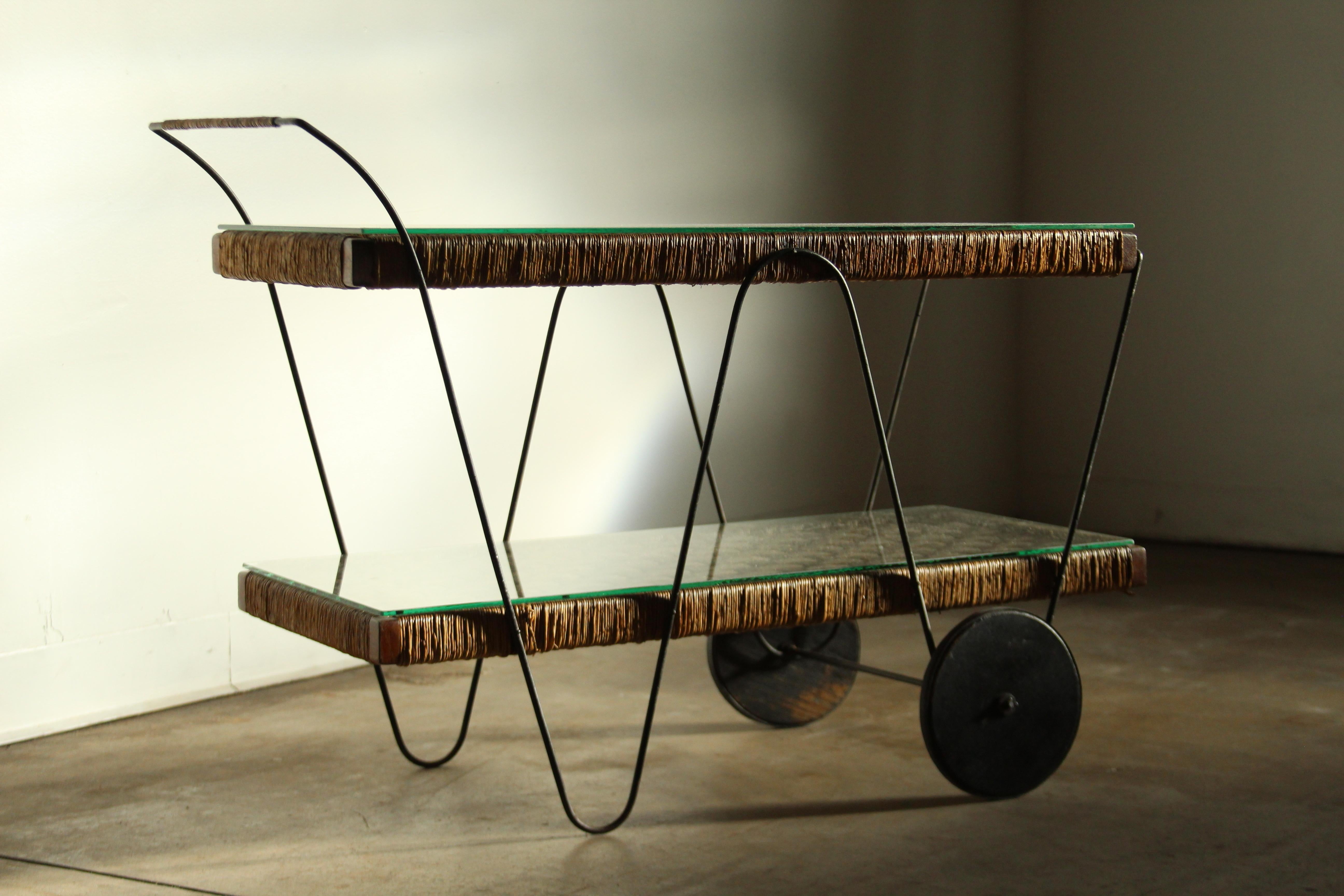 Michael van Beuren Mexican Modernist Pine & Natural Fiber Bar Cart, 1940s For Sale 7