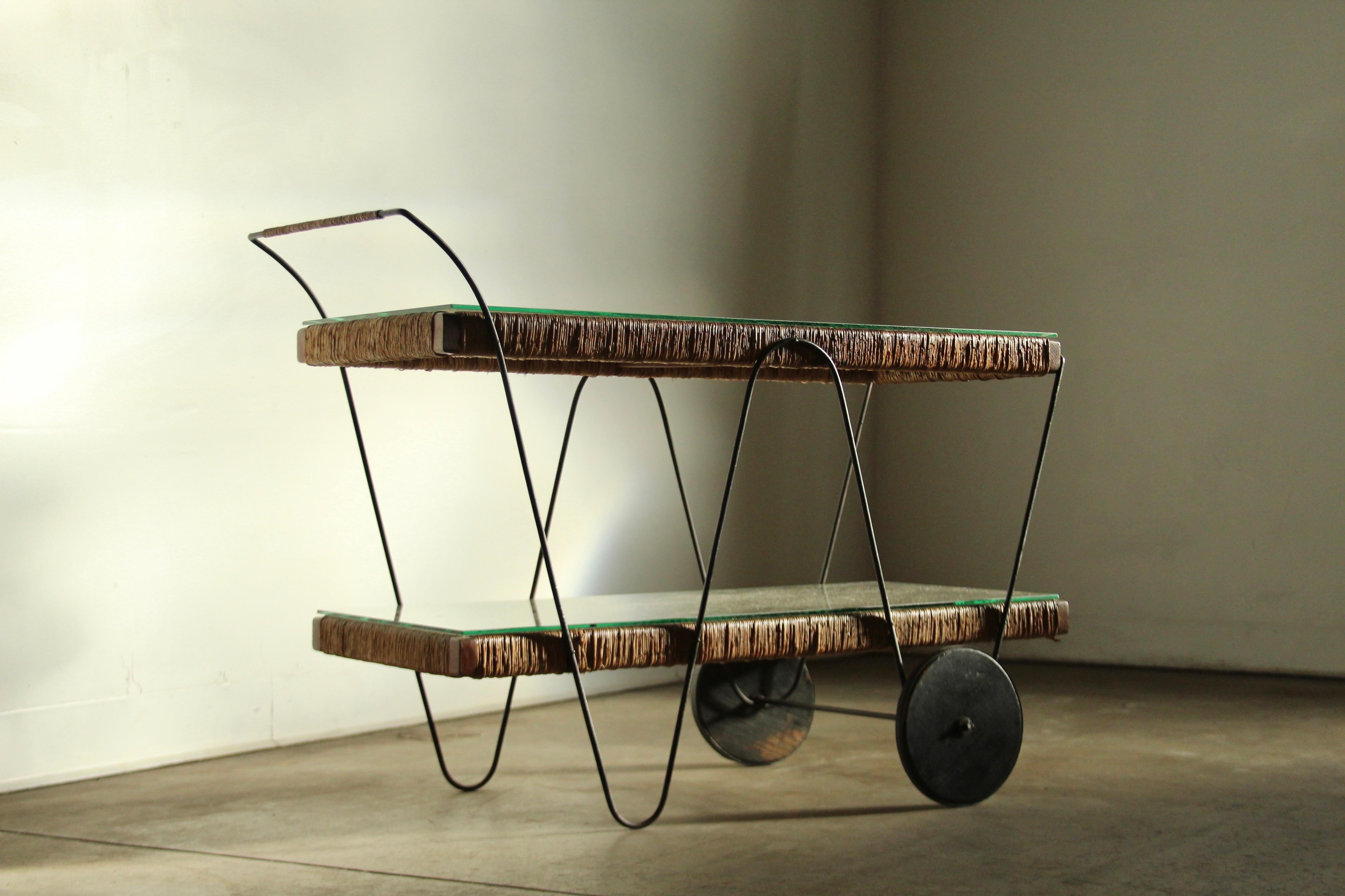 Michael van Beuren Mexican Modernist Pine & Natural Fiber Bar Cart, 1940s For Sale 9