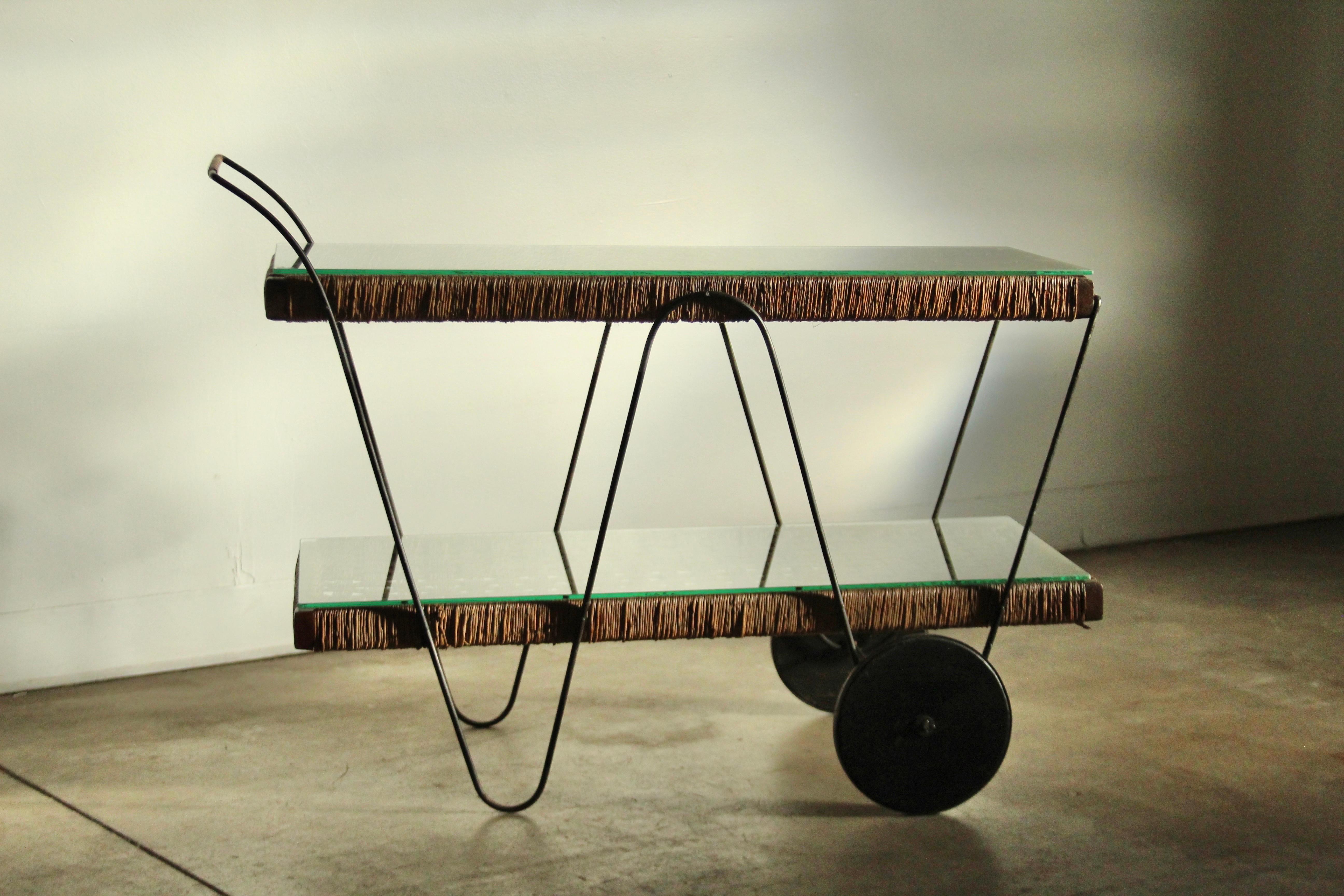Michael van Beuren Mexican Modernist Pine & Natural Fiber Bar Cart, 1940s For Sale 10