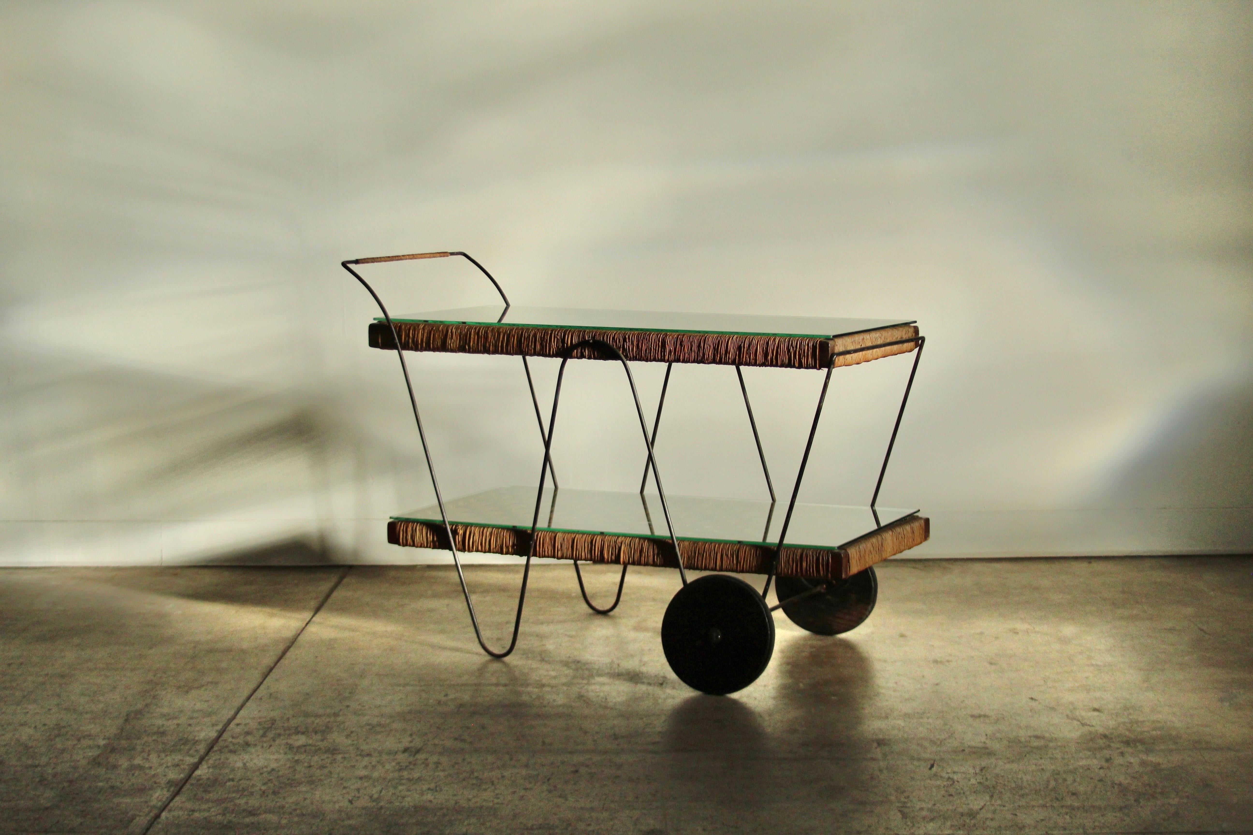 Michael van Beuren Mexican Modernist Pine & Natural Fiber Bar Cart, 1940s For Sale 11