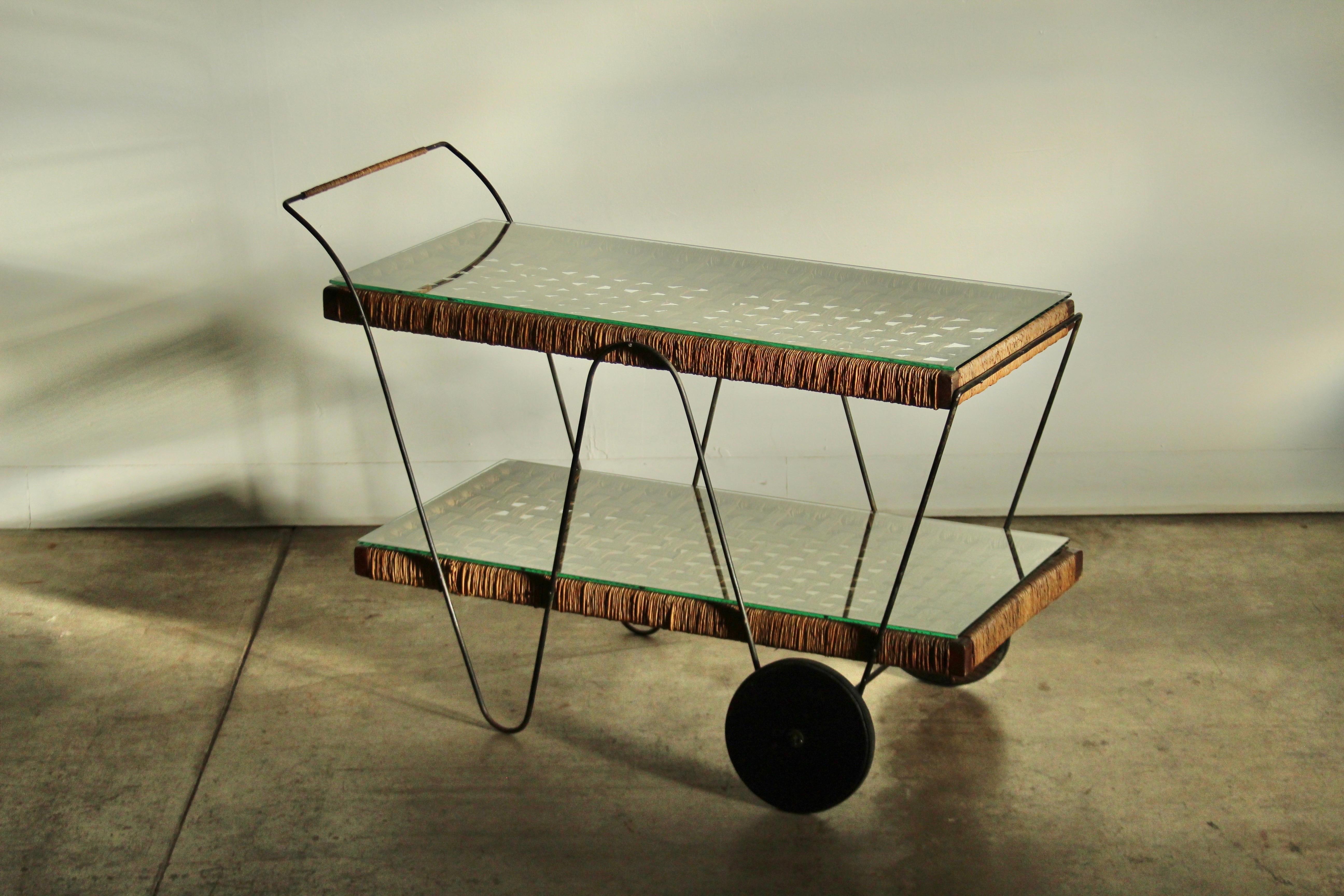 Michael van Beuren Mexican Modernist Pine & Natural Fiber Bar Cart, 1940s For Sale 12