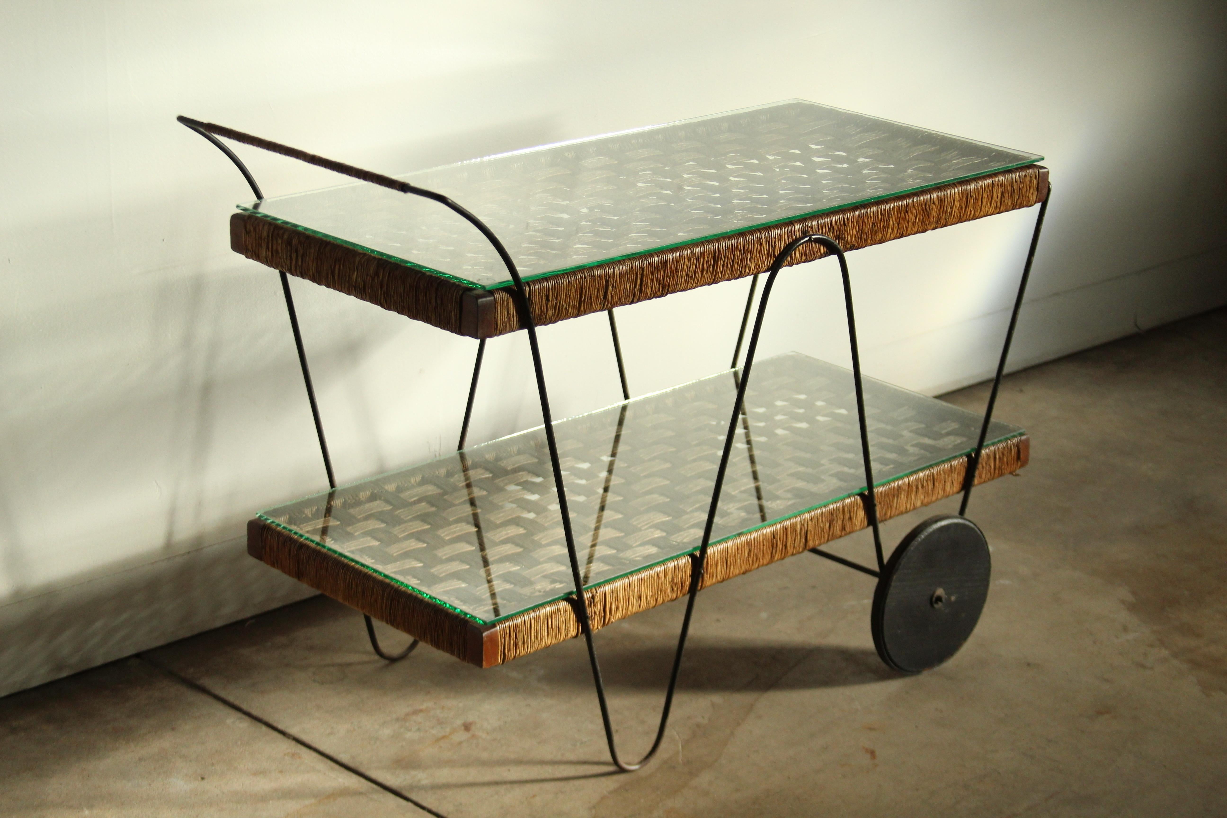 Mid-Century Modern Michael van Beuren Mexican Modernist Pine & Natural Fiber Bar Cart, 1940s For Sale