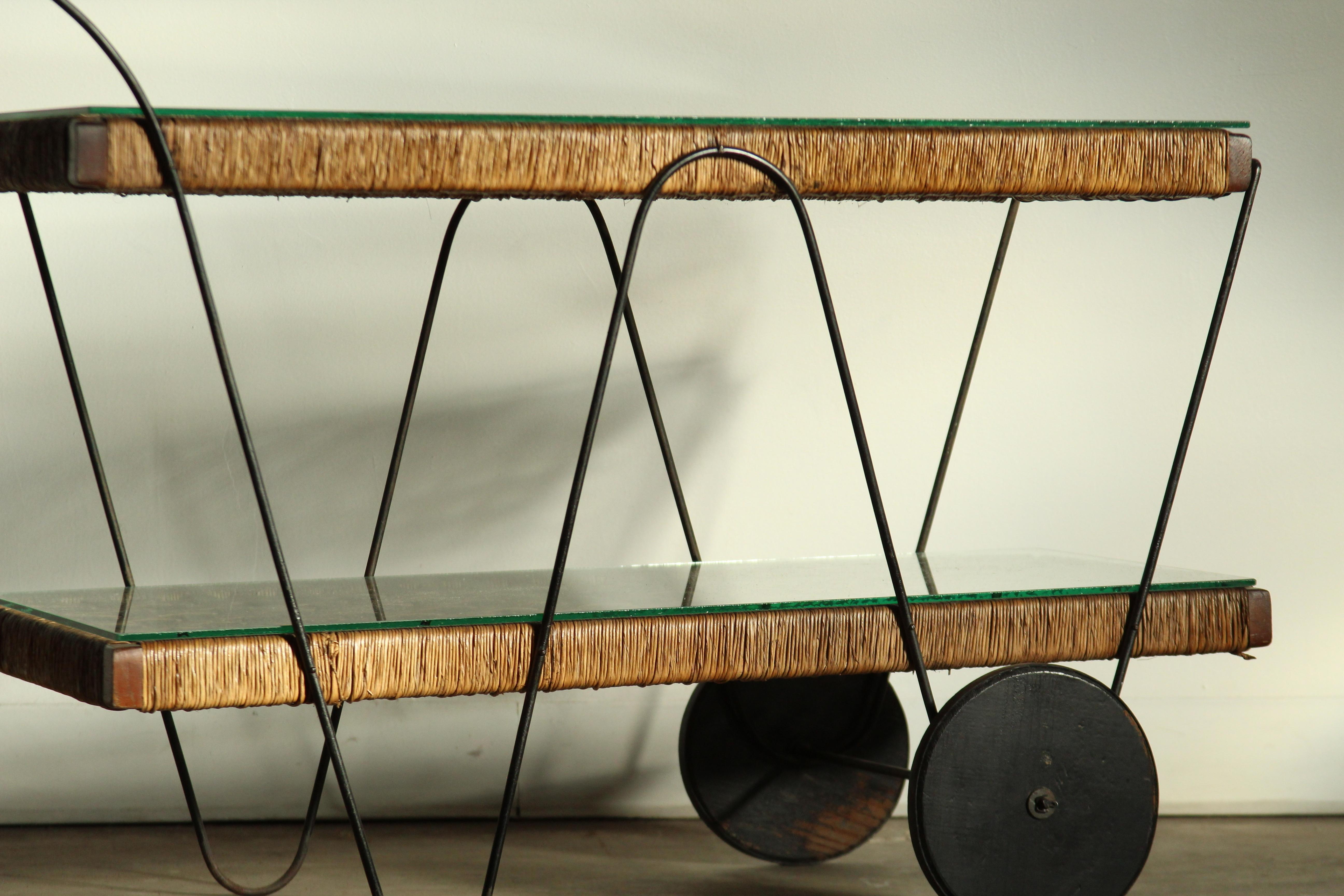Michael van Beuren Mexican Modernist Pine & Natural Fiber Bar Cart, 1940s In Fair Condition For Sale In Coronado, CA