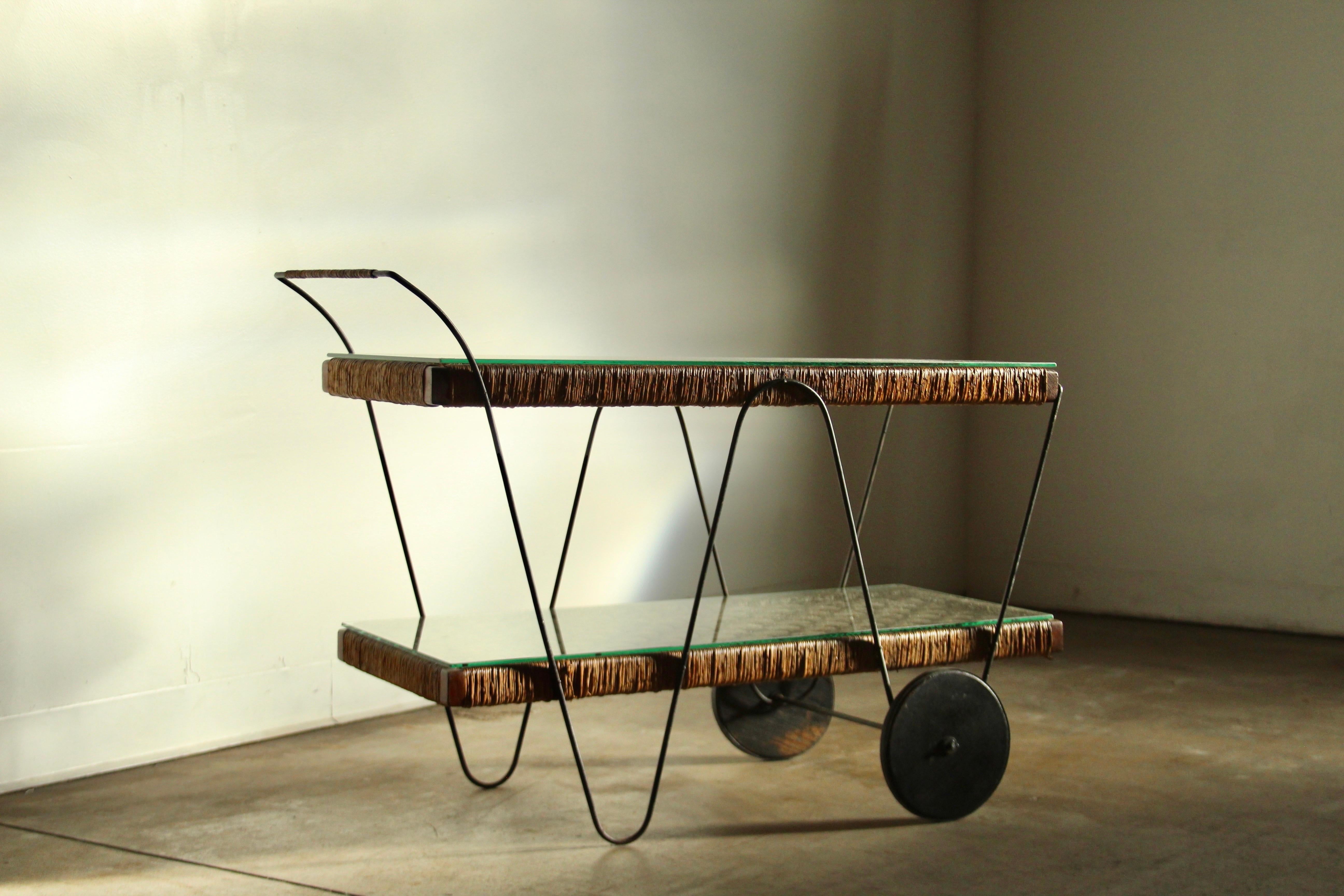 Mid-20th Century Michael van Beuren Mexican Modernist Pine & Natural Fiber Bar Cart, 1940s For Sale