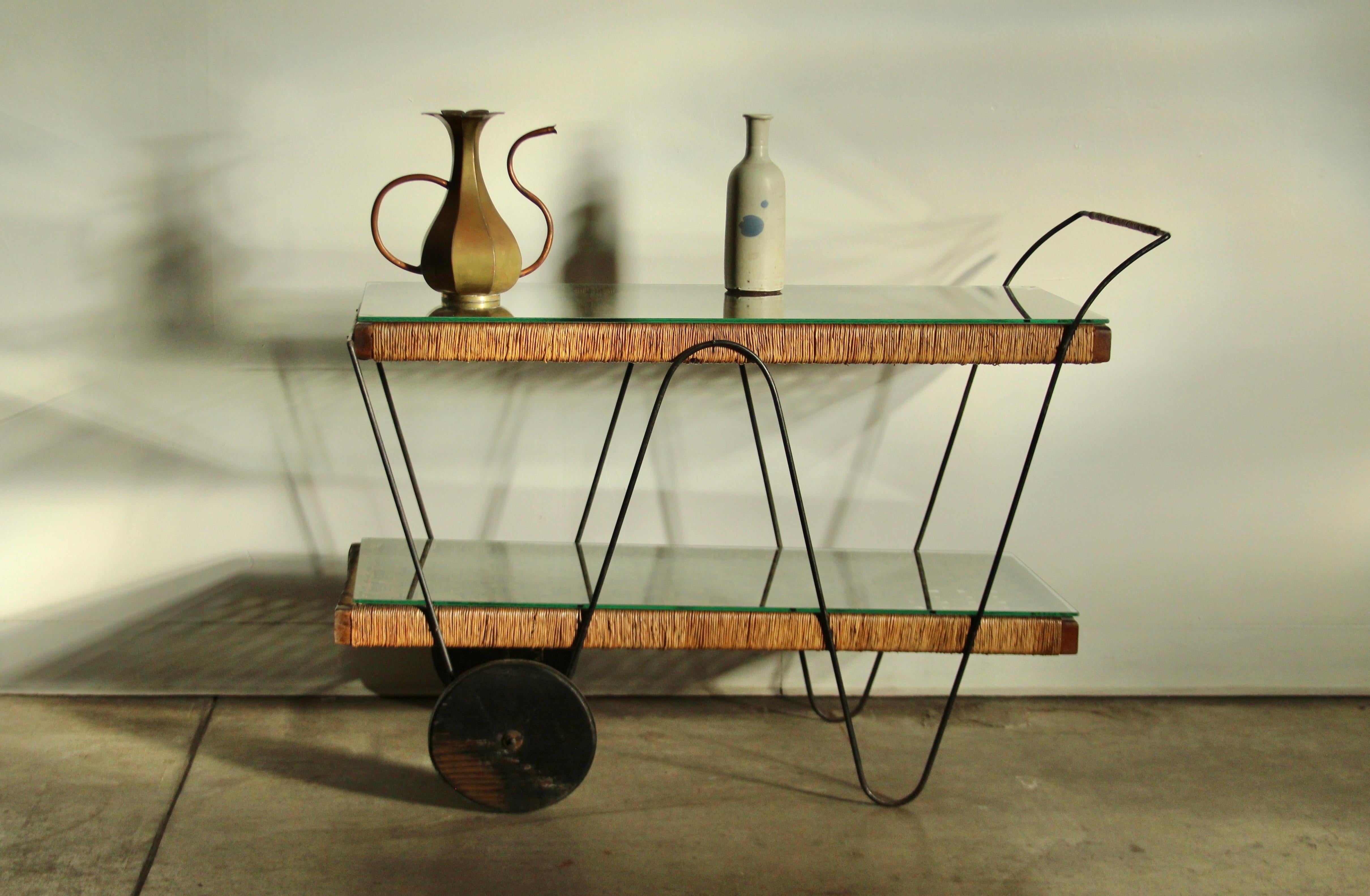 Metal Michael van Beuren Mexican Modernist Pine & Natural Fiber Bar Cart, 1940s For Sale