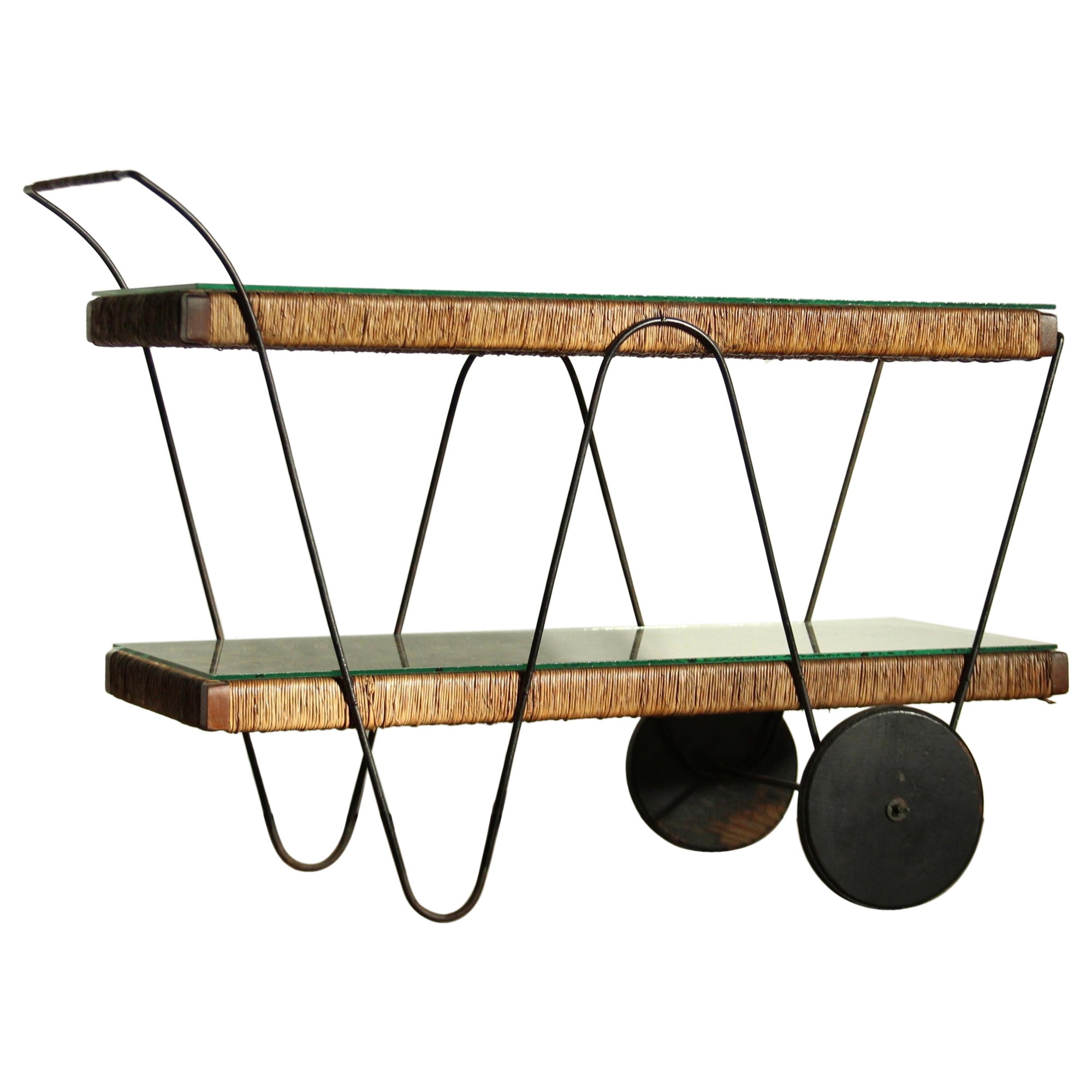 Michael van Beuren Mexican Modernist Pine & Natural Fiber Bar Cart, 1940s
