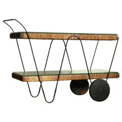 Michael van Beuren Mexican Modernist Pine & Natural Fiber Bar Cart, 1940s