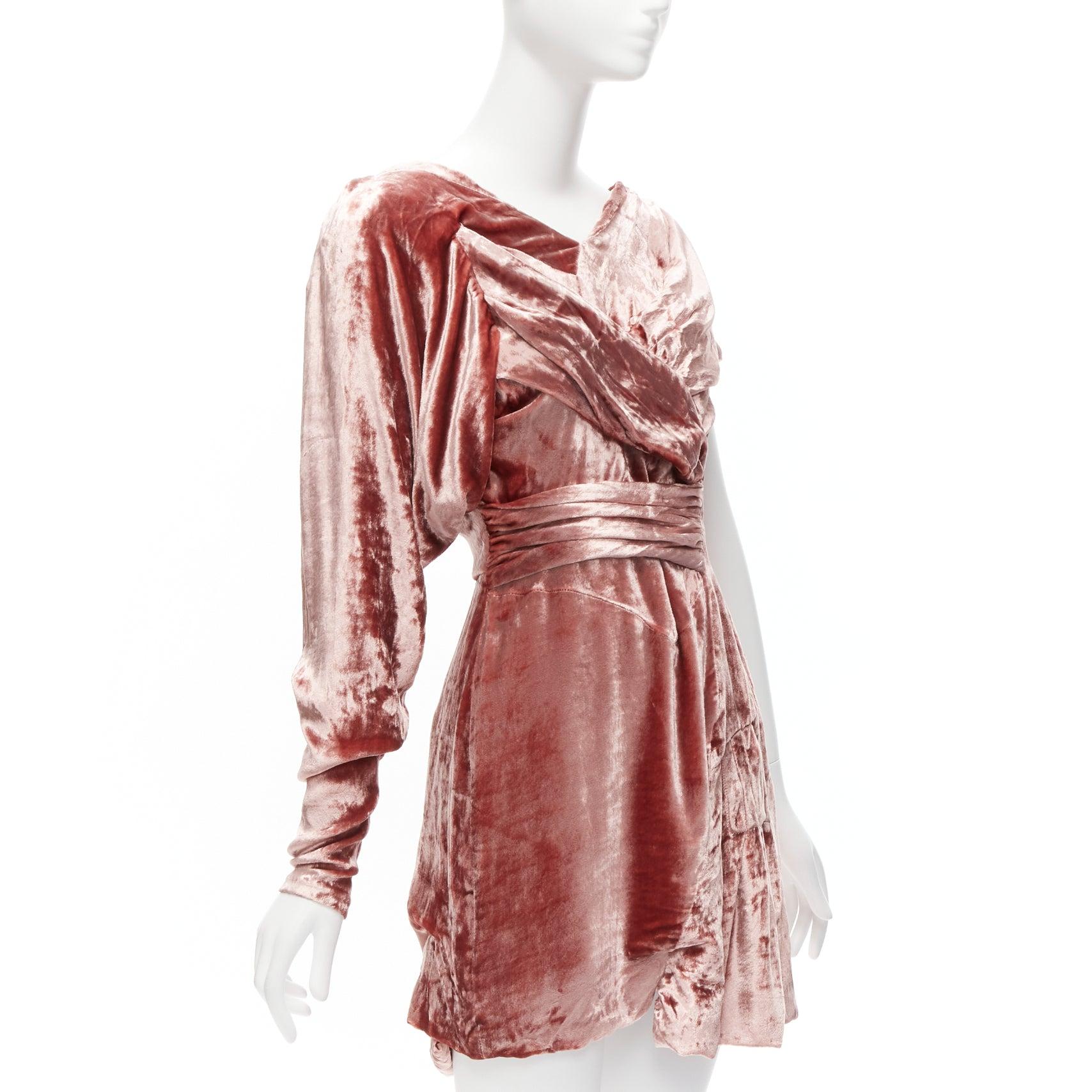 Beige MICHAEL VAN DER HAM Runway crushed velvet asymmetric wrap draped mini dress UK8 For Sale
