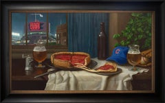 Fly the W - Ölgemälde von Deep Dish Pizza und Chicago Cubs Baseball und Bier