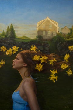 Headwind - Original Oil Painting of Female Figure and Floating Daffodil Flowers