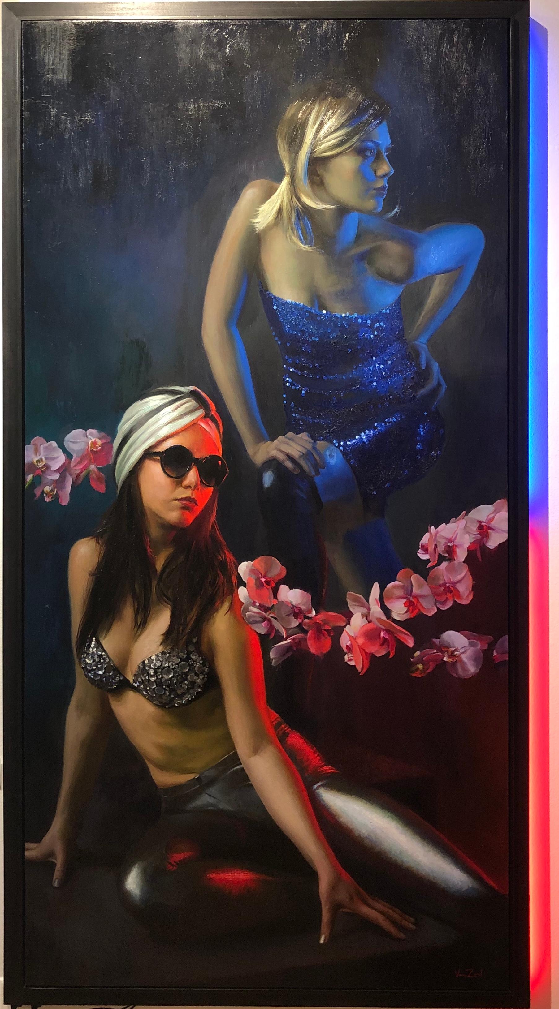 Orchid Electra - Original Oil Painting of Two Women in Lush Blue and Red Light For Sale 7
