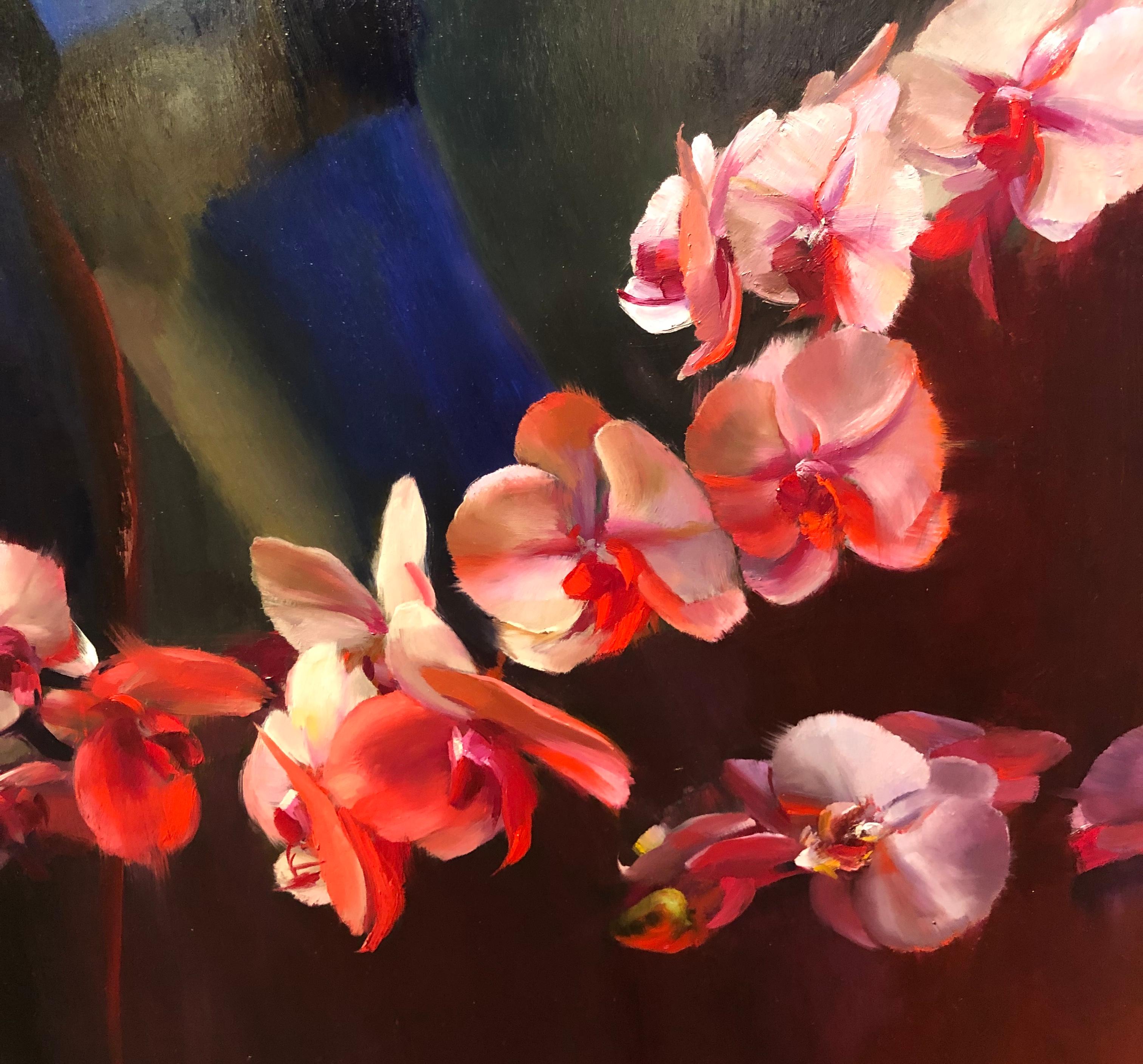 Orchid Electra - Original Oil Painting of Two Women in Lush Blue and Red Light For Sale 5