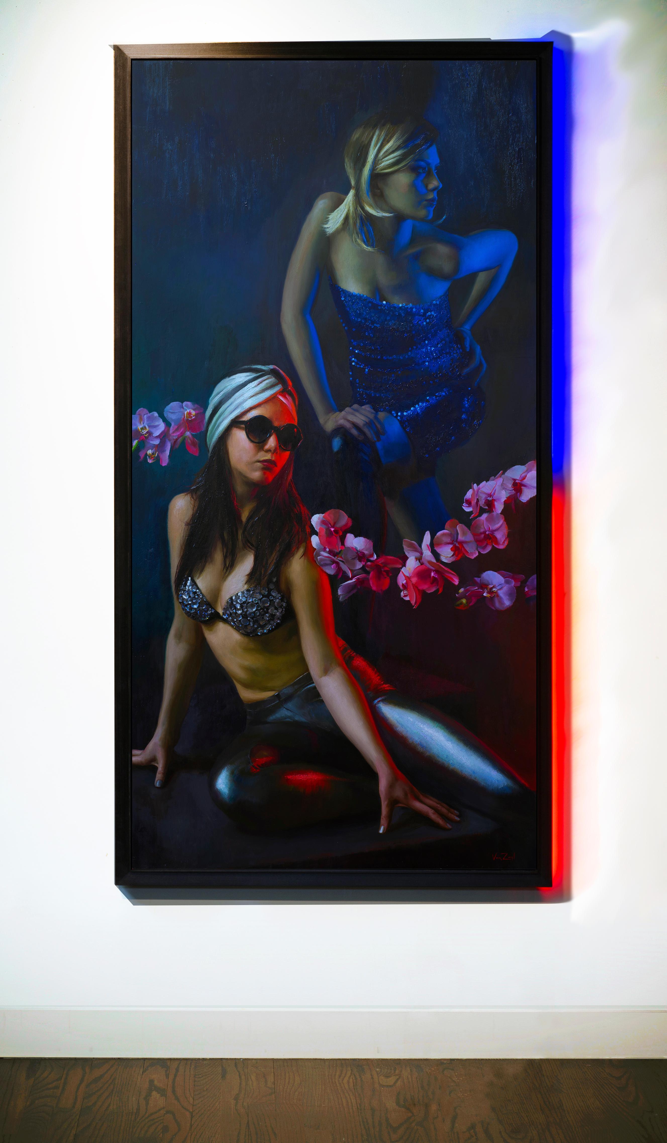Orchid Electra - Original Oil Painting of Two Women in Lush Blue and Red Light