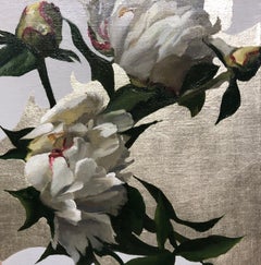 Peonies in White Light - Oil Painting with 12K White Gold Leaf, Blond Female