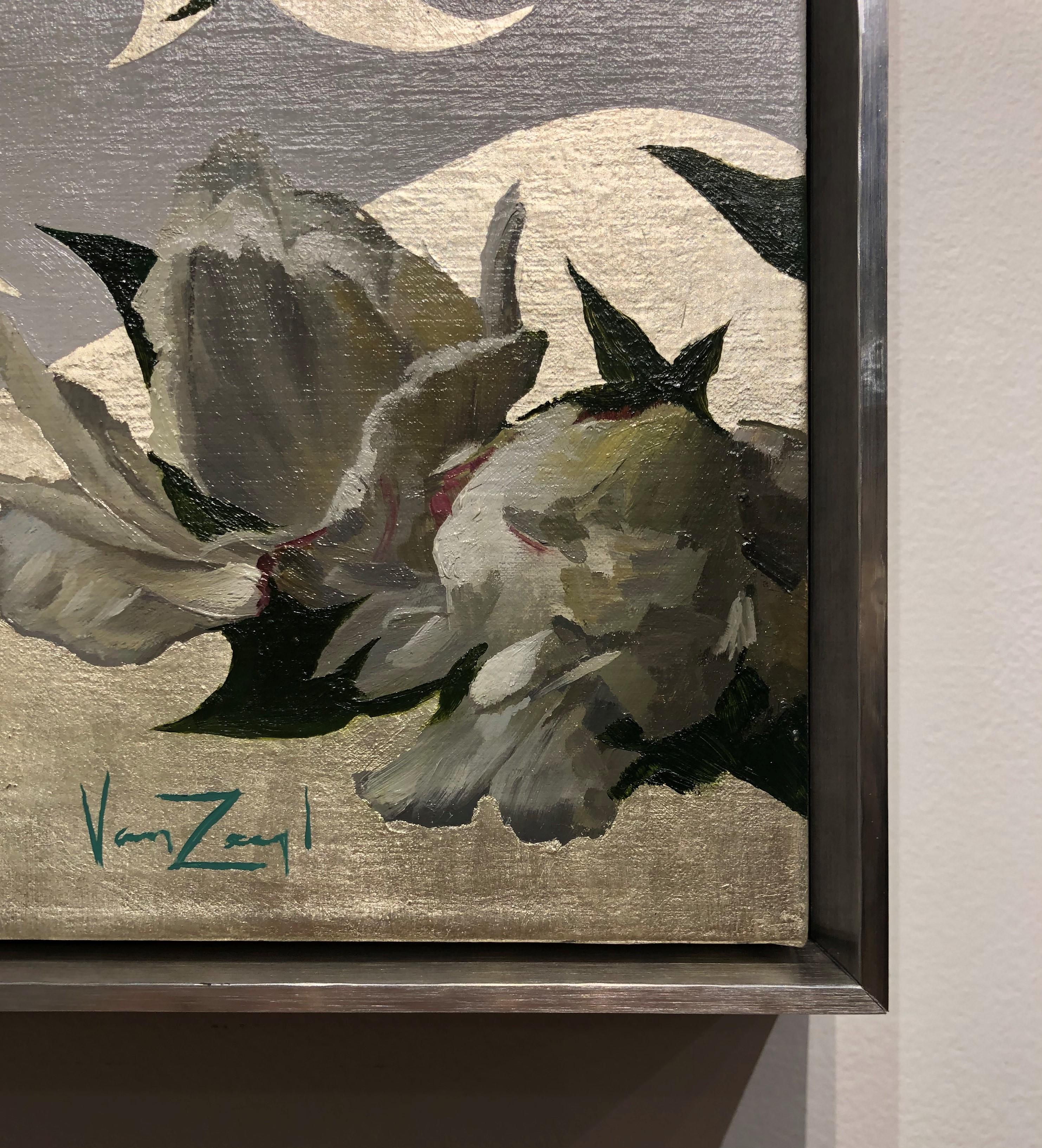 Peonies in White Light - Oil Painting with 12K White Gold Leaf, Blond Female - Brown Portrait Painting by Michael Van Zeyl