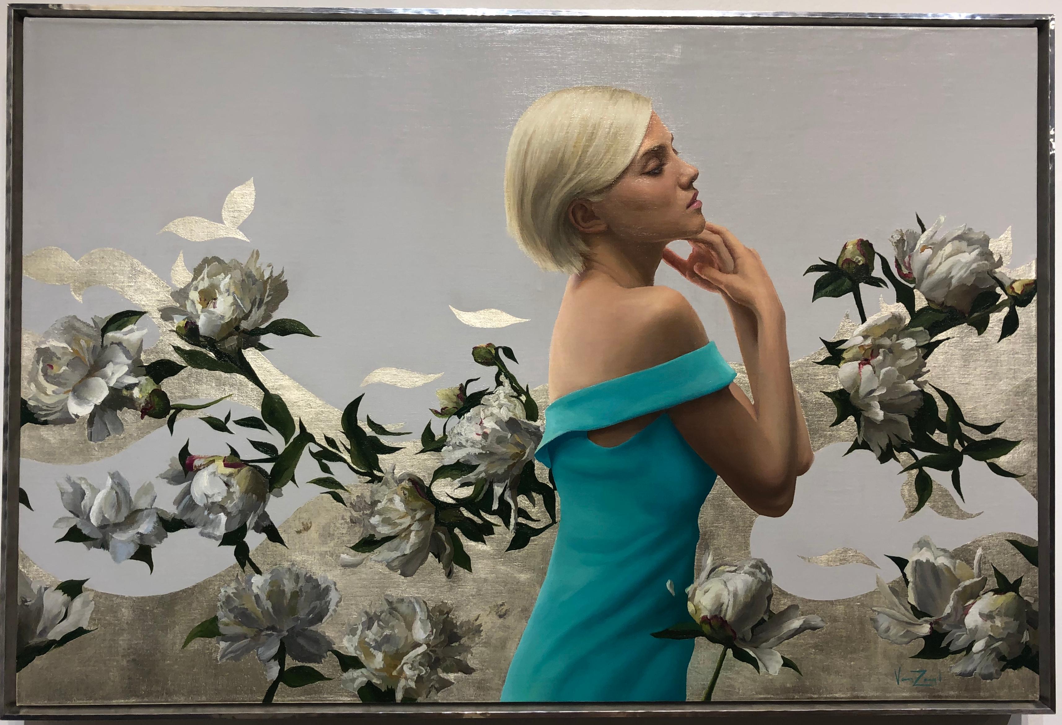 The blond figure, along with the floating peonies, combine to explore the dynamic between the eternal and the temporal, as well as our own relationship with nature.  The gold leaf adds a three-dimensional softness as well as a glow upon which the