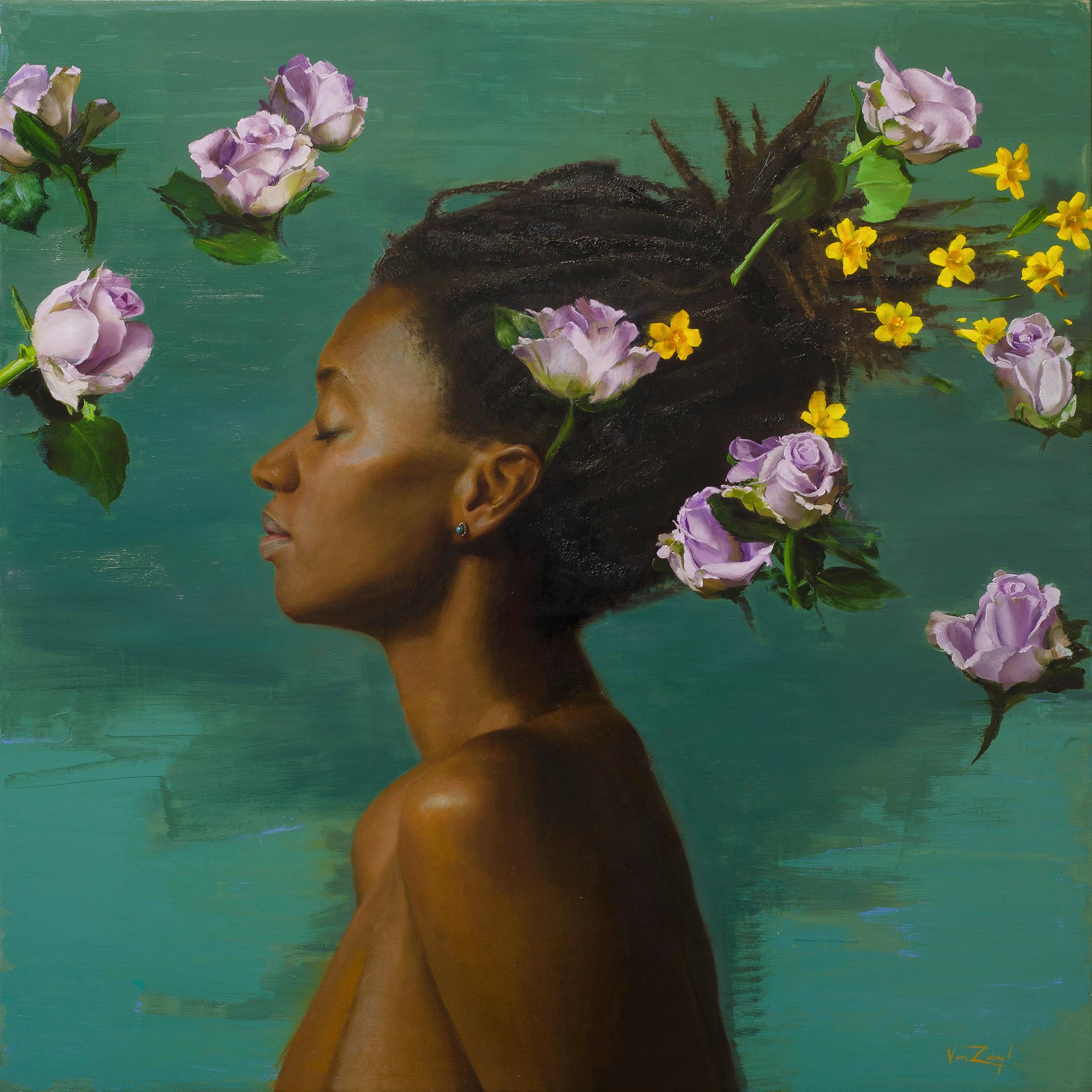 Michael Van Zeyl Portrait Painting - Silverstone Yellow Jasmine - Original Oil Painting of Woman and Floating Flowers