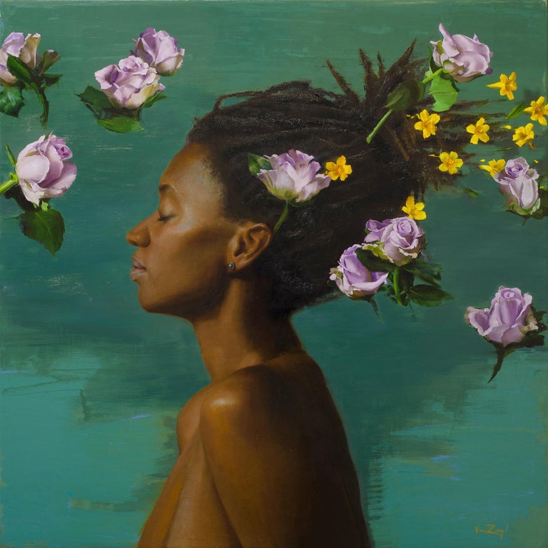 Michael Van Zeyl Figurative Painting - Silverstone Yellow Jasmine - Original Oil Painting of Woman and Floating Flowers