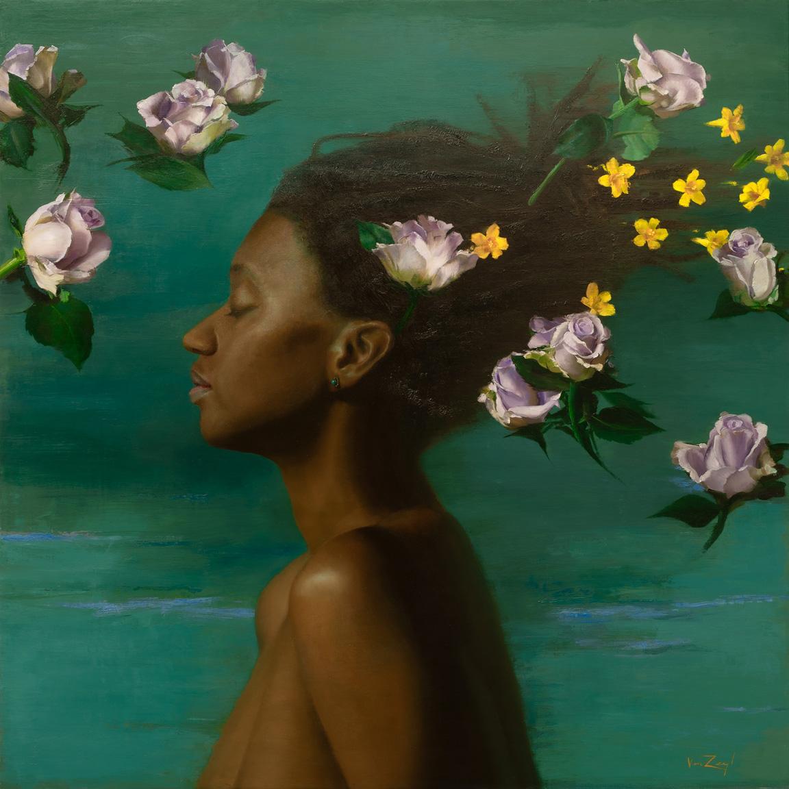 Nude Painting di Michael Van Zeyl - Gelsomino giallo di Silverstone - Pittura a olio originale di donna e fiori galleggianti