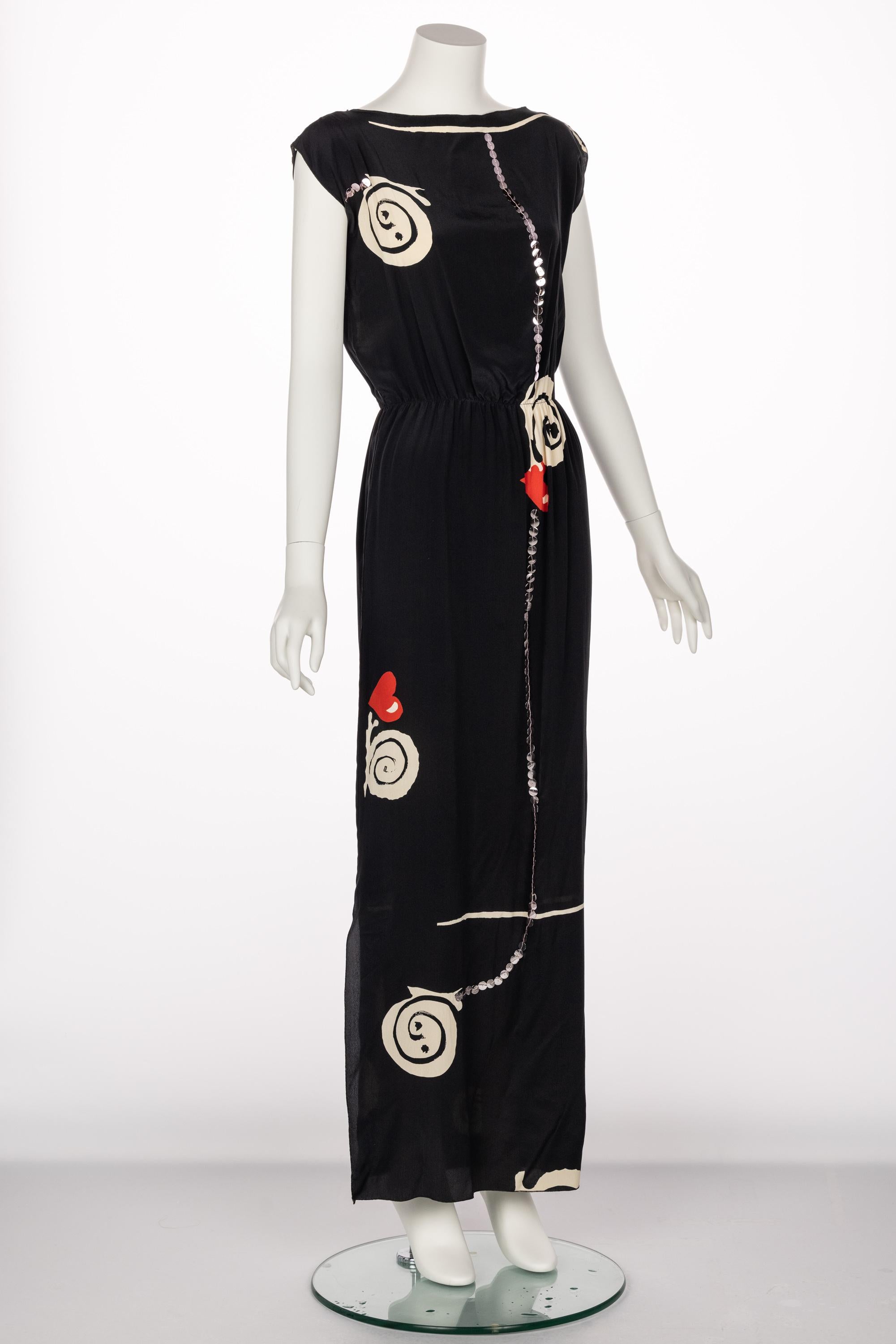 Michael Vollbracht Black Silk Sequin Print Maxi Dress, 1980s In Excellent Condition In Boca Raton, FL