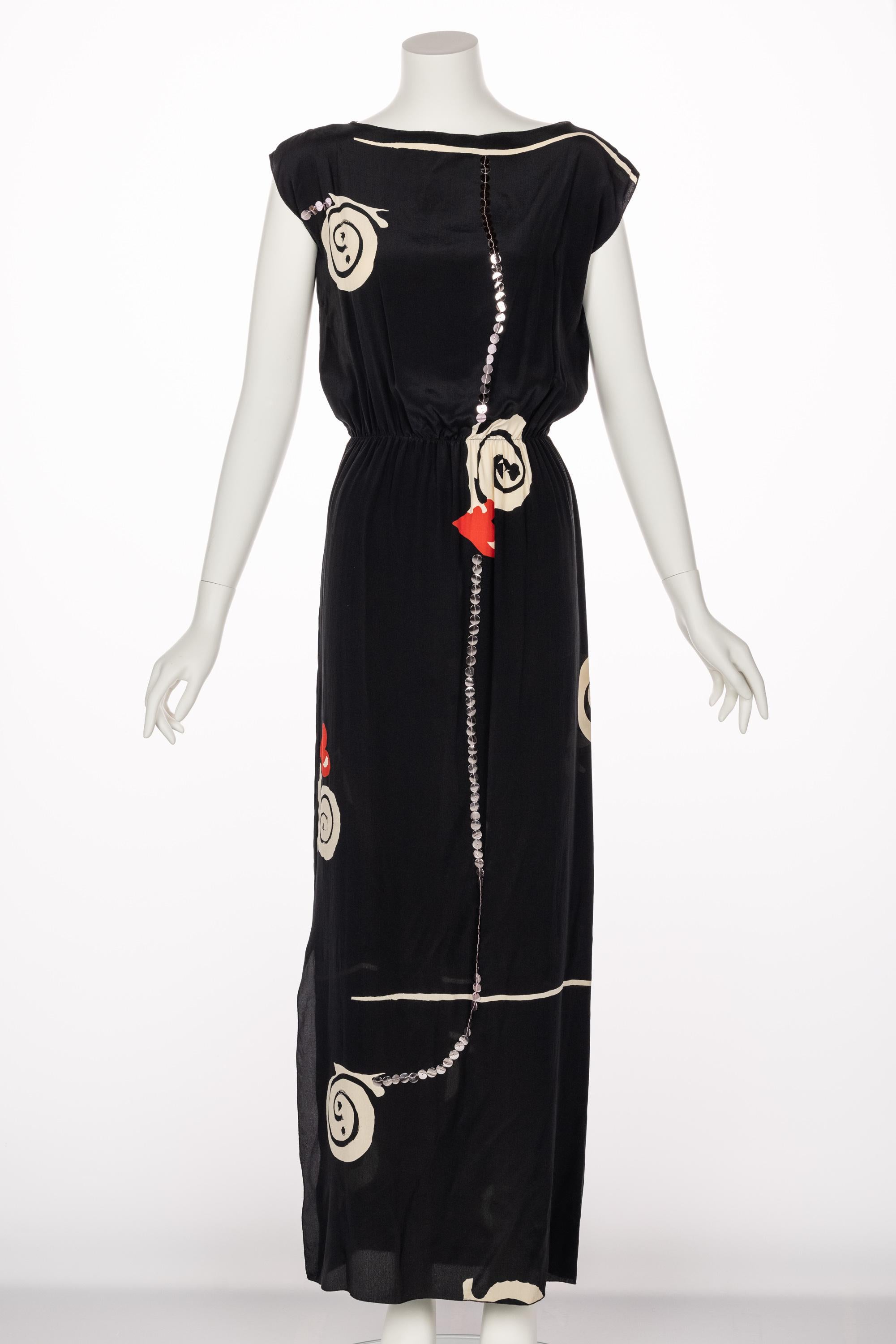 Women's or Men's Michael Vollbracht Black Silk Sequin Print Maxi Dress, 1980s