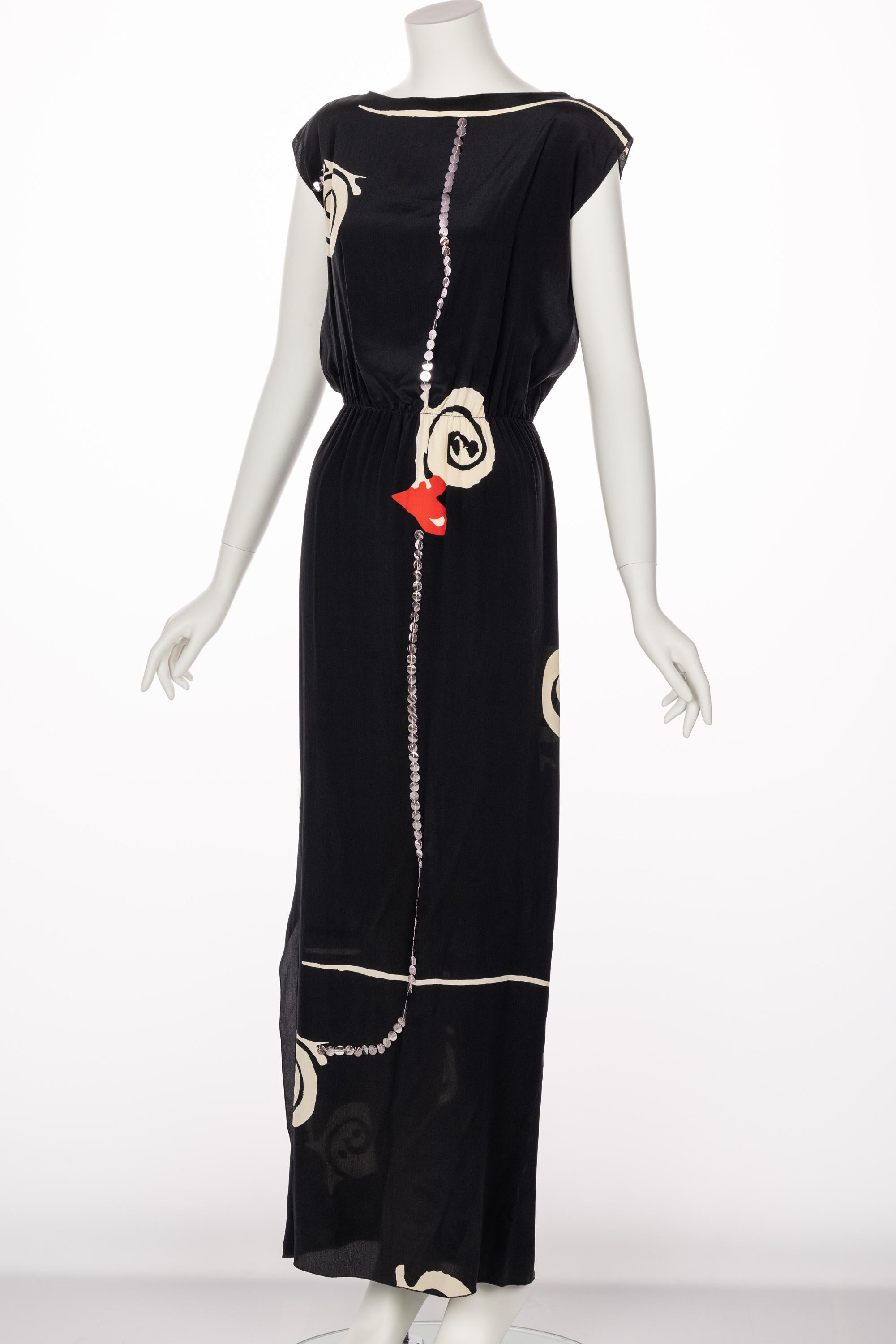 Michael Vollbracht Black Silk Sequin Print Maxi Dress, 1980s 1
