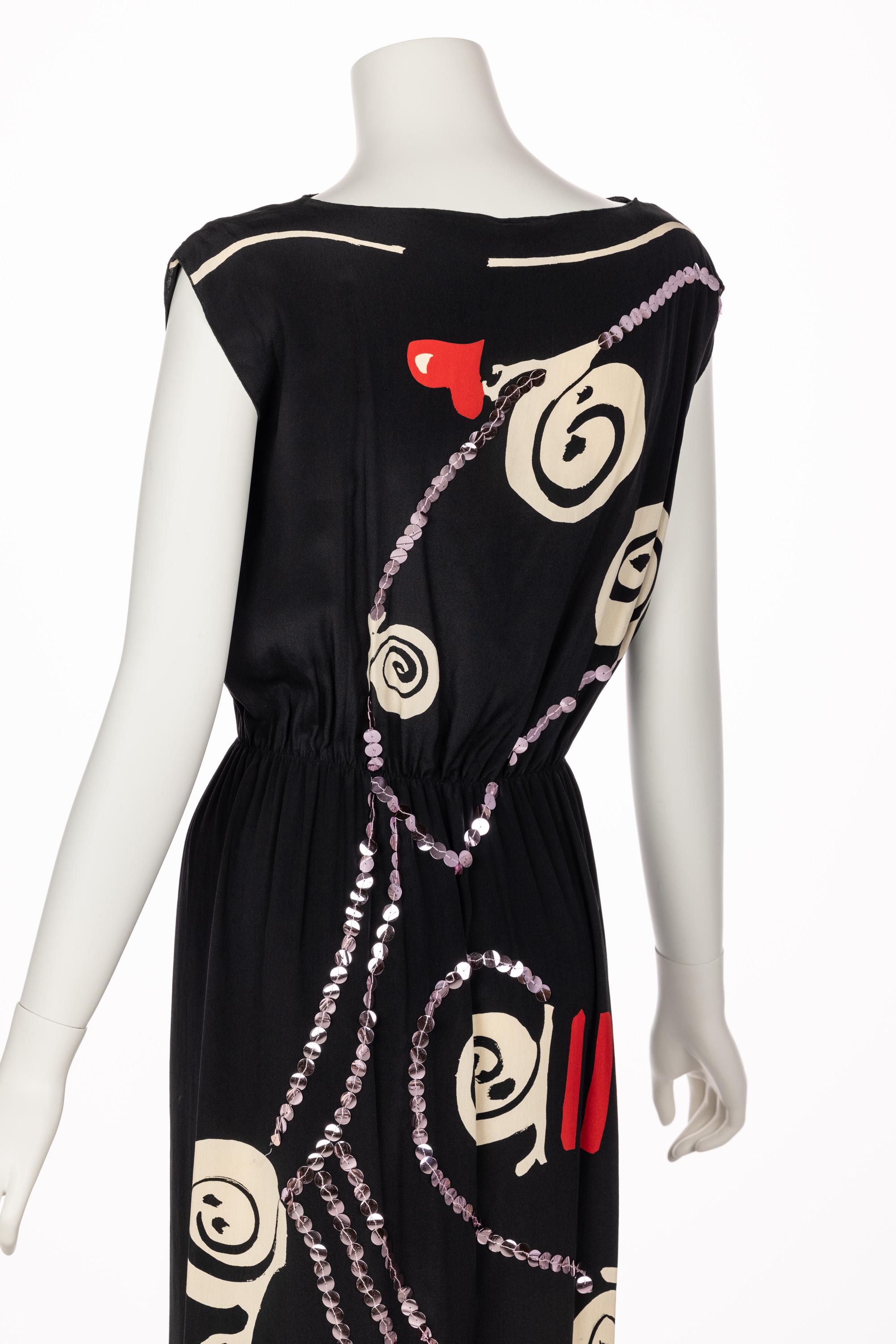 Michael Vollbracht Black Silk Sequin Print Maxi Dress, 1980s 4