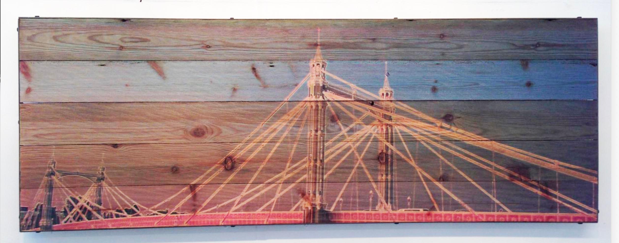 Albert Bridge, Wood - Brown Figurative Painting by Michael Wallner