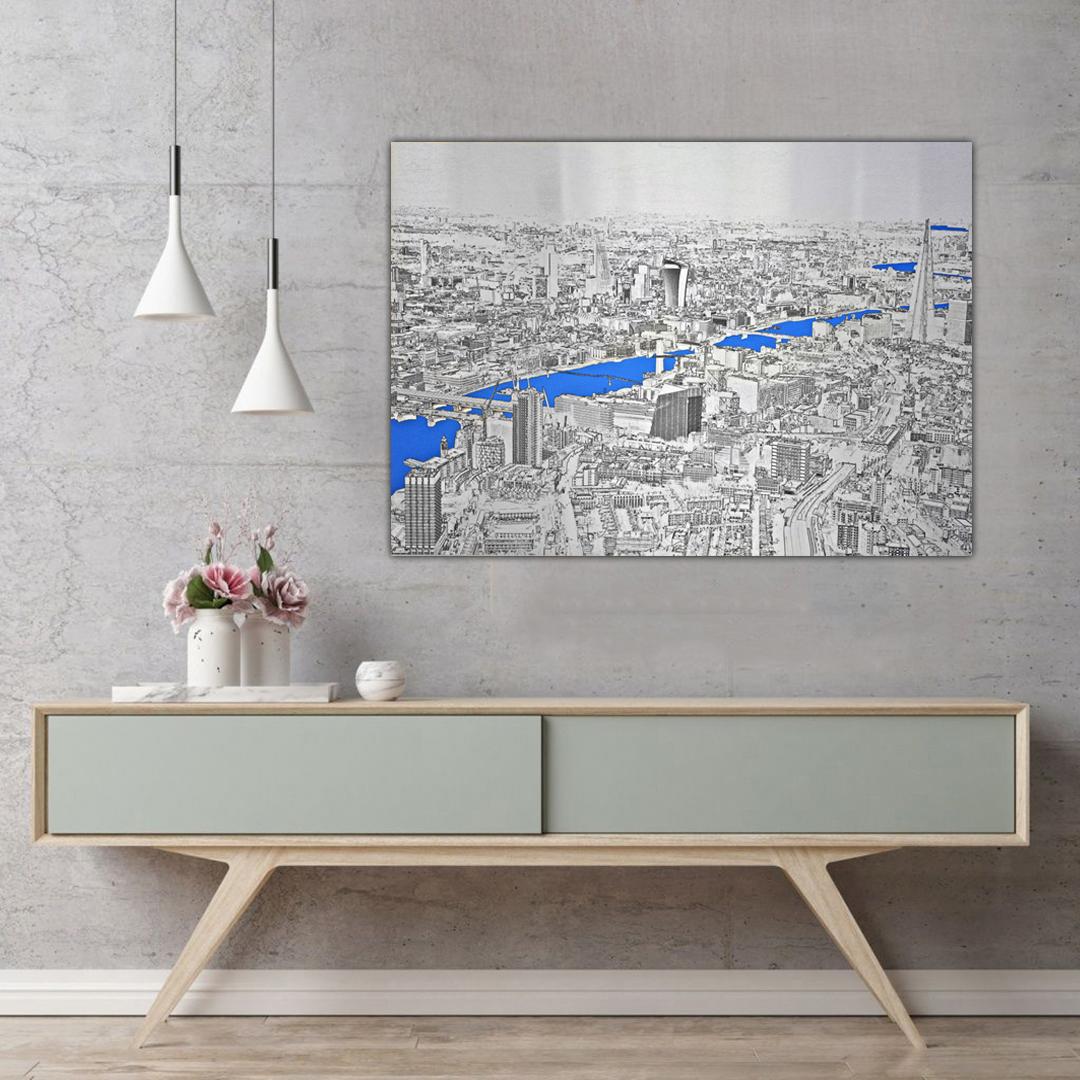 Above and Beyond, London Landscape, blue and silver aluminium art - Print by Michael Wallner