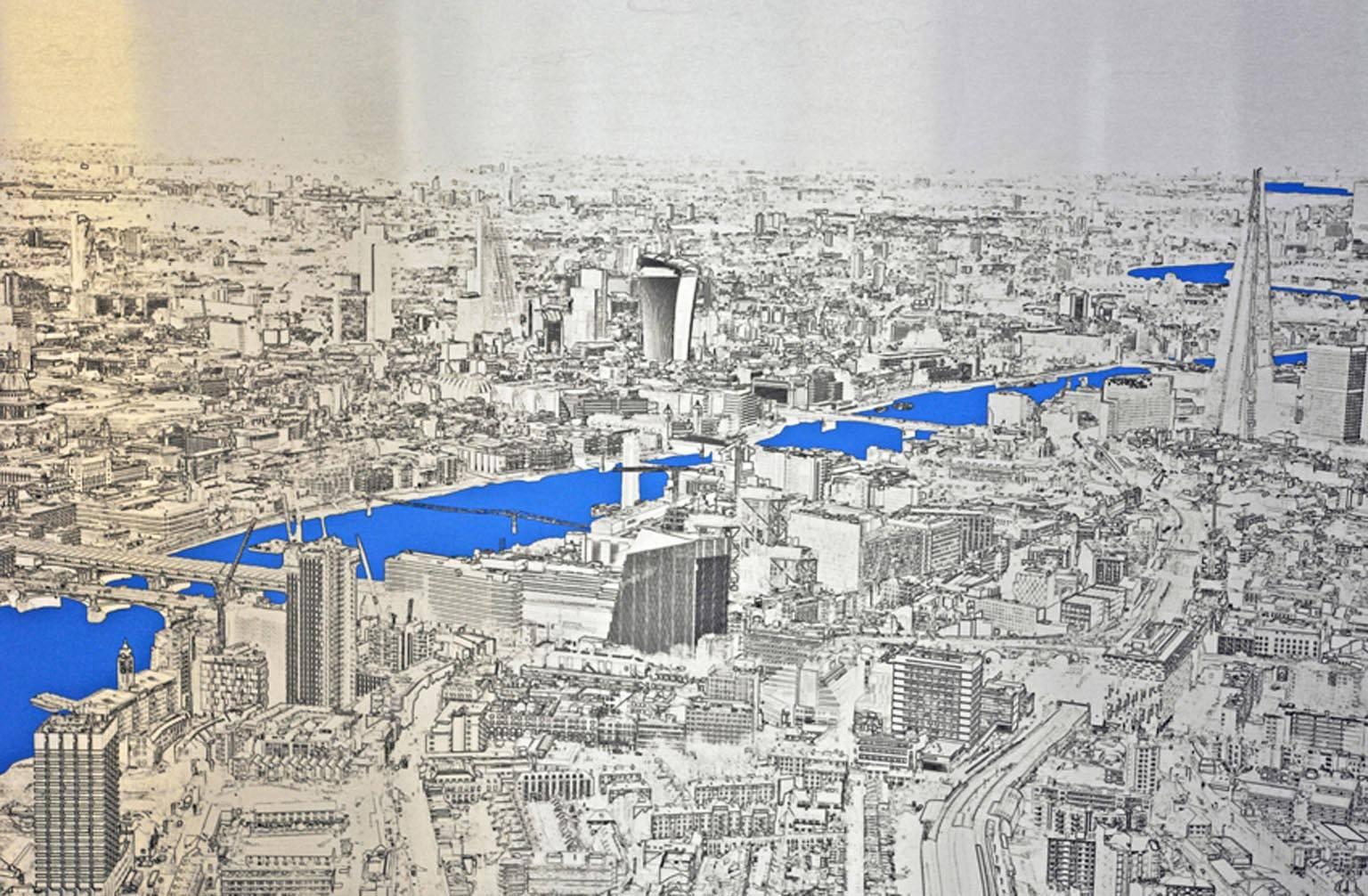 Londoner Landschaft, blaues und silbernes Aluminiumkunstwerk