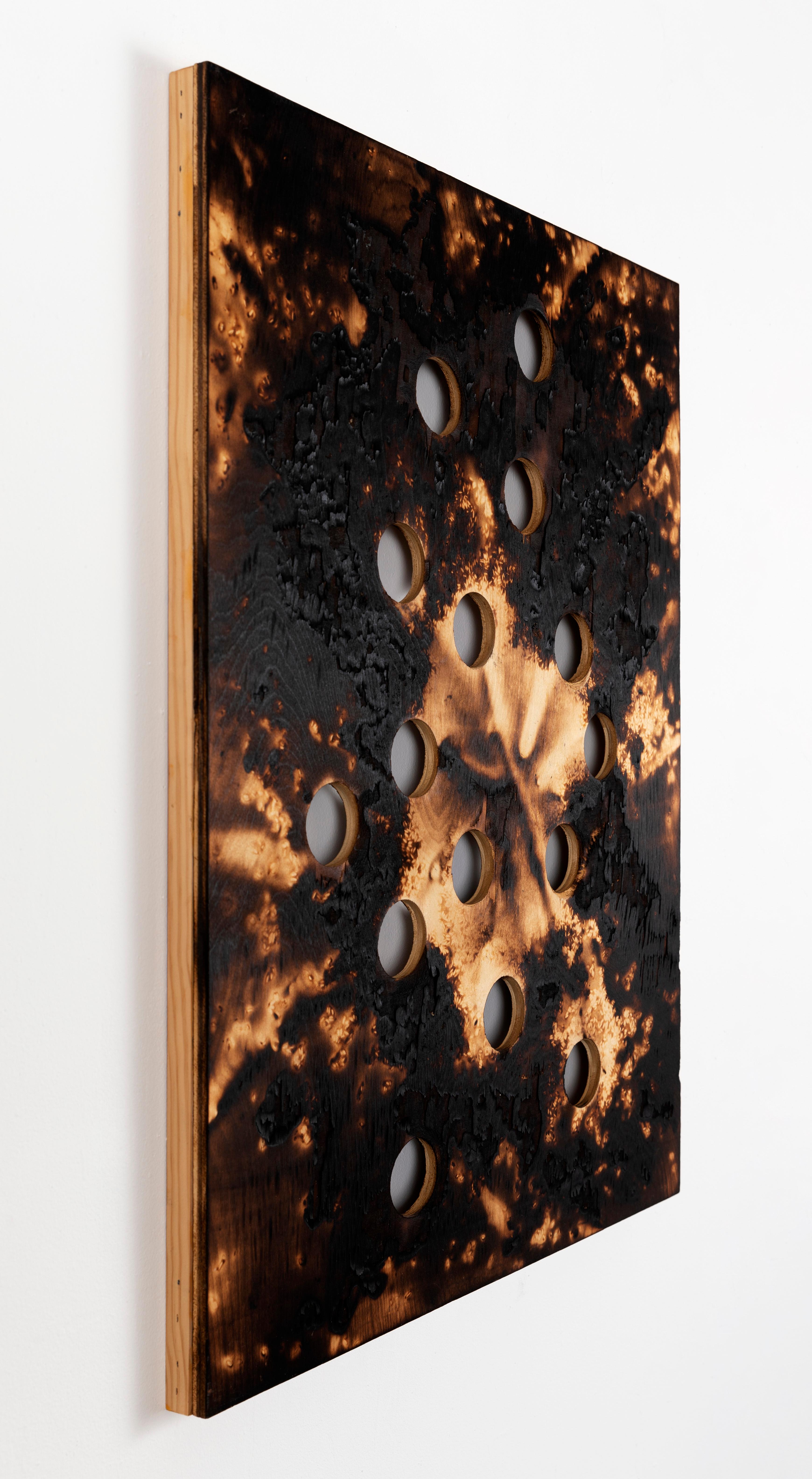 Pyre I, charred birch plywood abstract patterns earth tones created with fire - Painting by Michael Watson