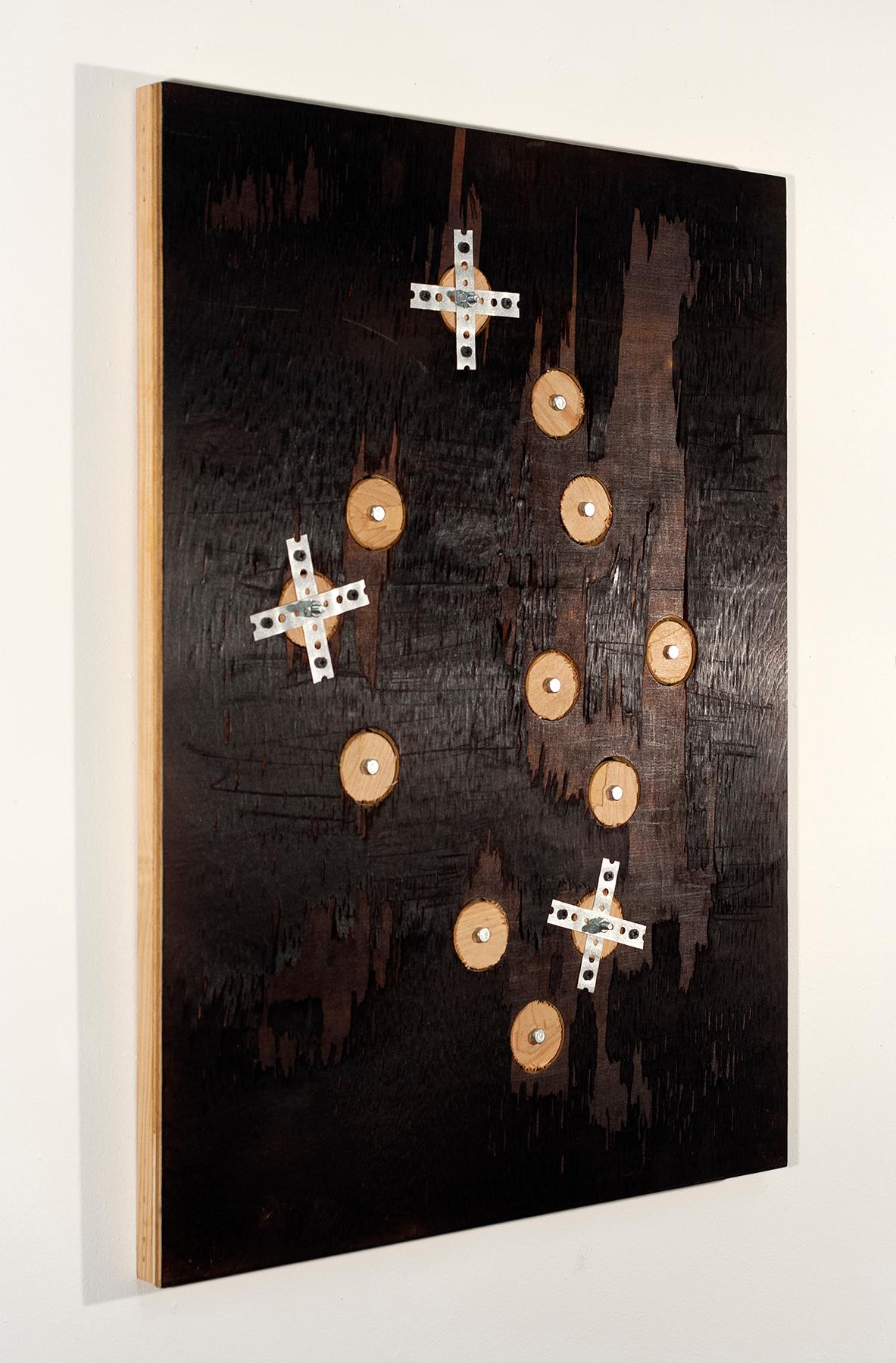 Pyre XII, stainless steel pieces and charred birch plywood created with fire - Abstract Painting by Michael Watson