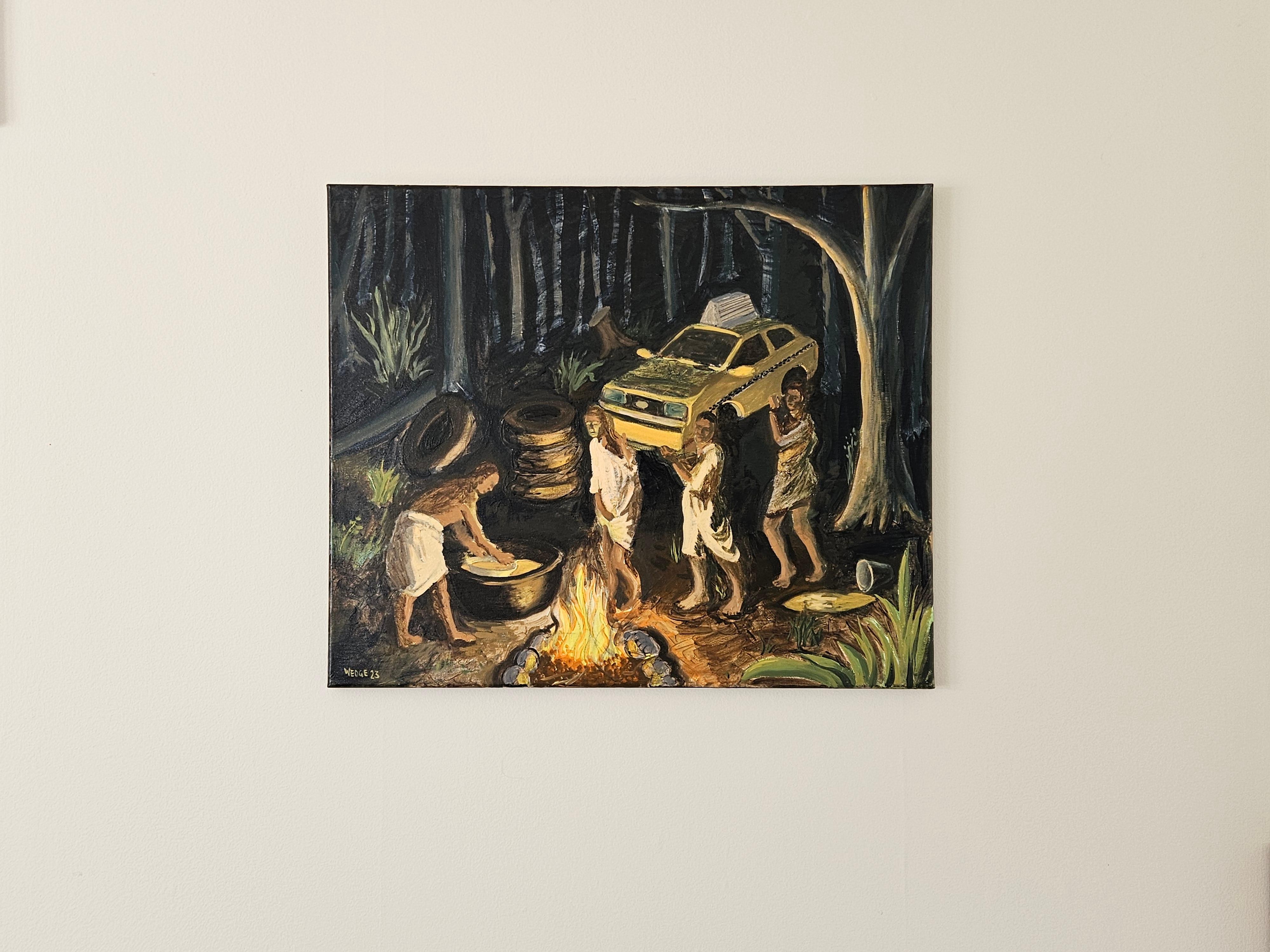<p>Artist Comments<br />Four figures gather around a campfire in a dark forest. One tends to a large pot while the others carry a taxi cab. They are extracting color from the vehicle. The scene reflects artist Michael Wedge's fascination with the