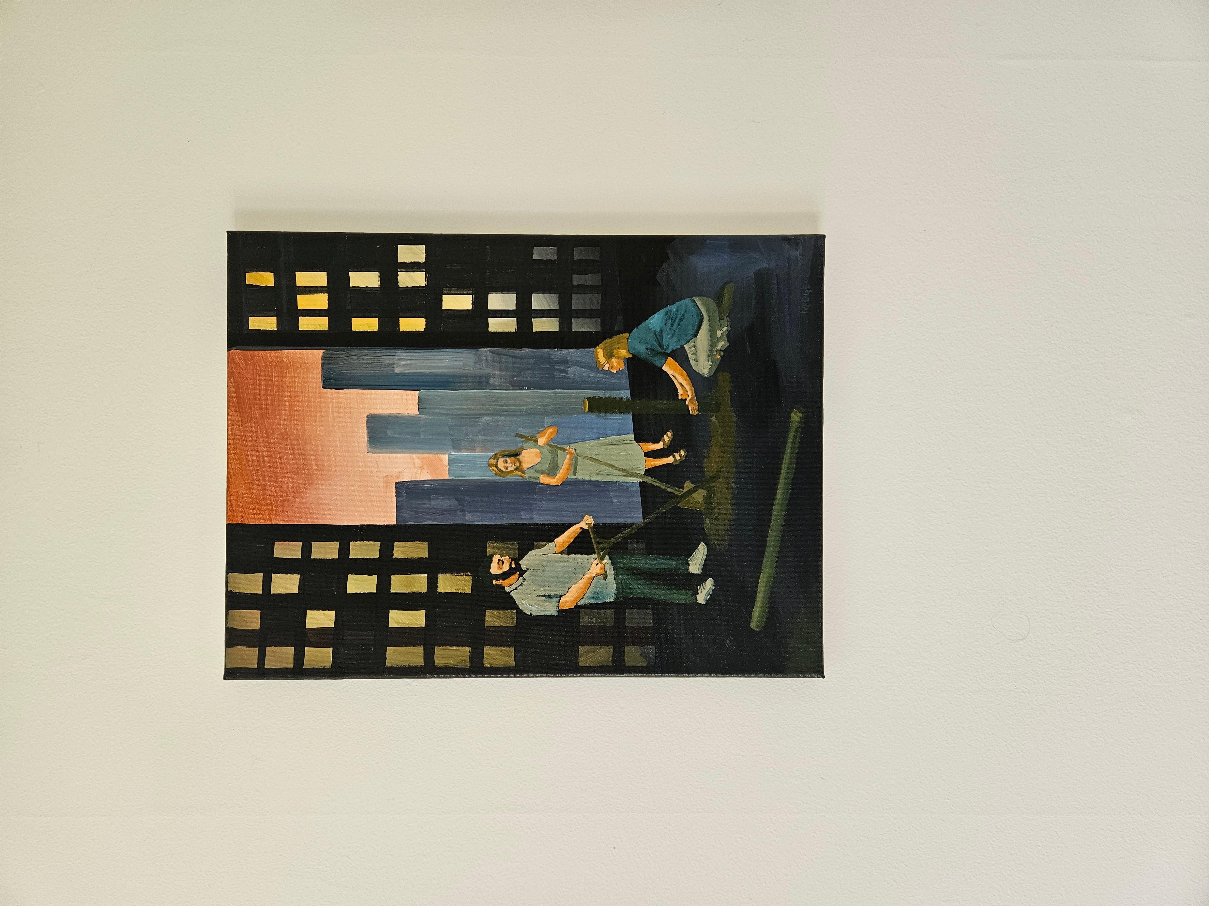 <p>Artistics Comments<br />Trois personnes travaillent ensemble pour installer des poteaux de clôture sur le toit d'un bâtiment de la ville. L'arrière-plan représente la ligne d'horizon d'une ville qui s'estompe dans la nuit. Cette scène surréaliste