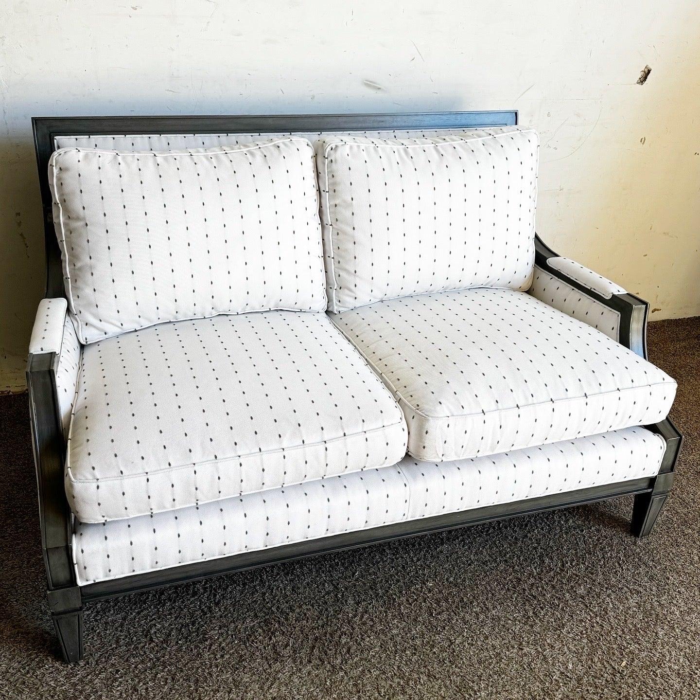 Michael Weiss Vanguard custom upholstered loveseat combines modern design with personalized comfort to enhance any living space.
 
 Minor wear to the edges of the wooden frame as shown in the photos.
 
 We sell items as acquired, without restoring