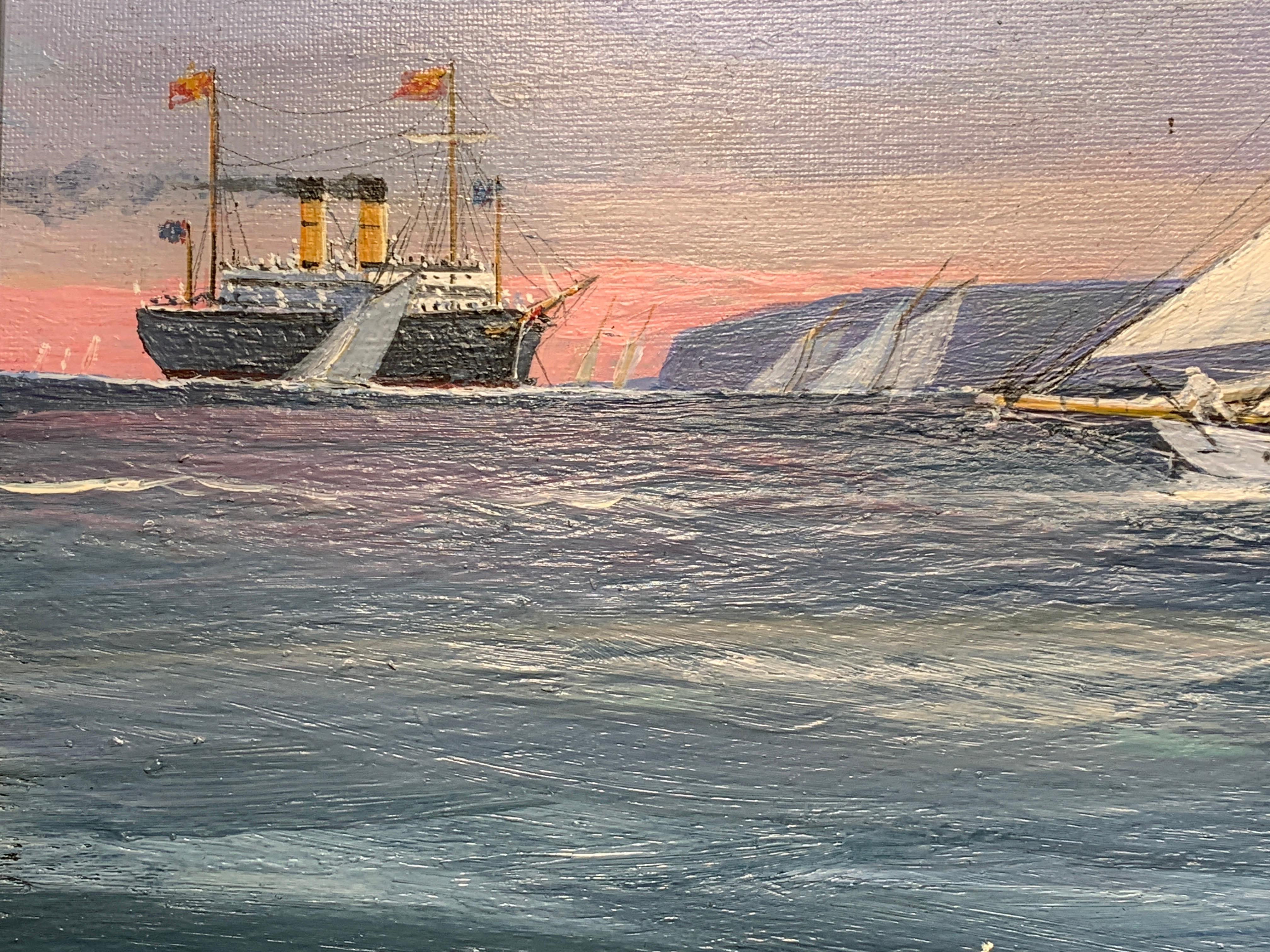 English Impressionist yacht race with HMY Britannia in English Channel - Gray Portrait Painting by Michael Whitehand