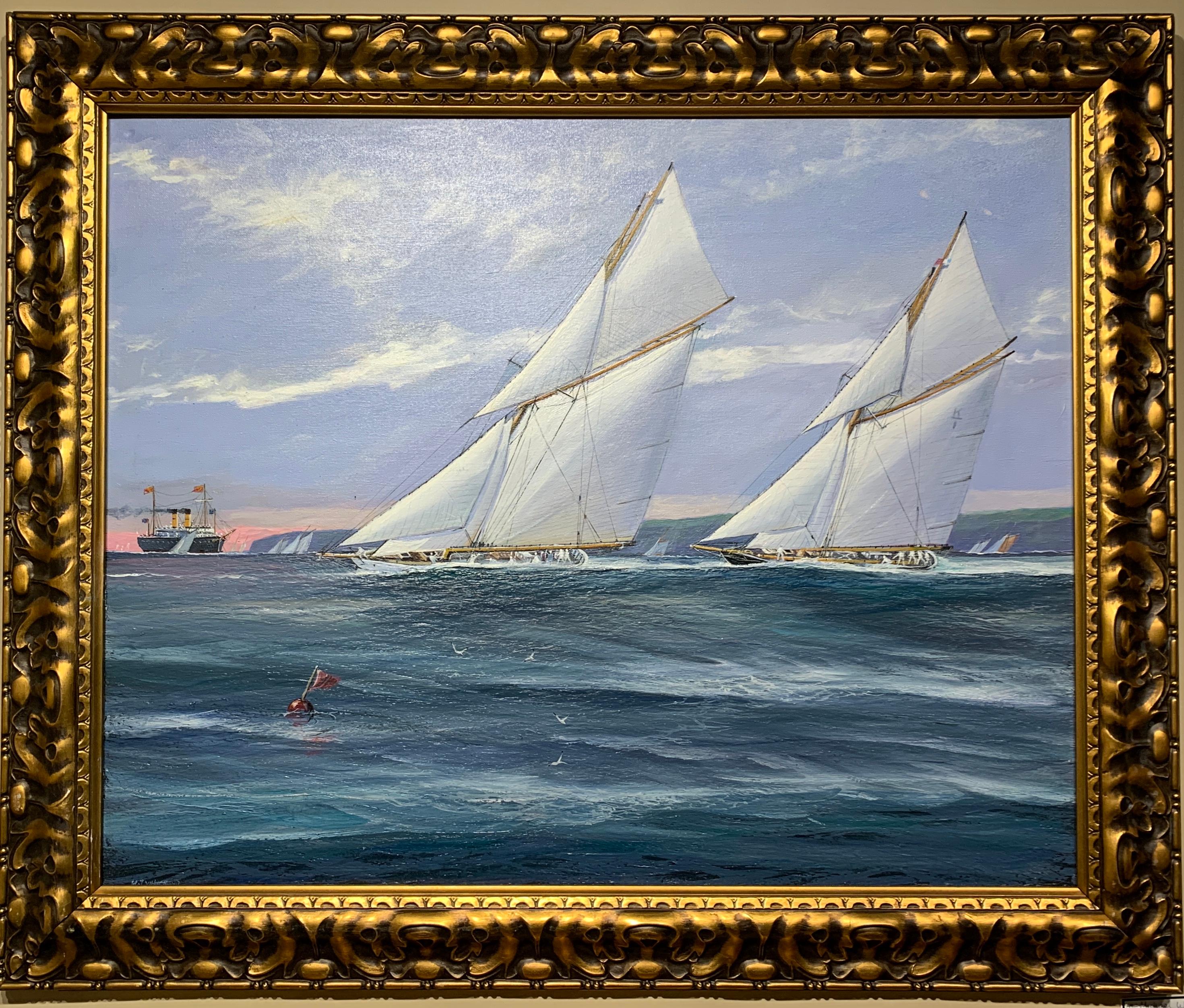 Michael Whitehand Portrait Painting - English Impressionist yacht race with HMY Britannia in English Channel