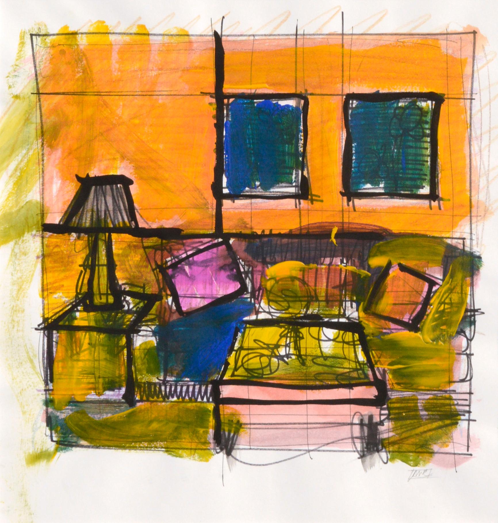 Kubistische Wohnzimmer-Innenszene in Orange, Grün und Blau  (Kubismus), Mixed Media Art, von Michael William Eggleston
