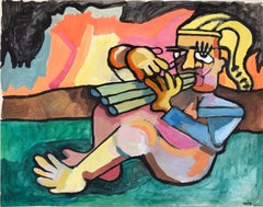Blonde Triple Flute Player - Abstract Expressionist Oil Painting