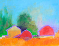 Bright Country Barns - Abstracted Modern Farm Landscape in Acrylic on Paper