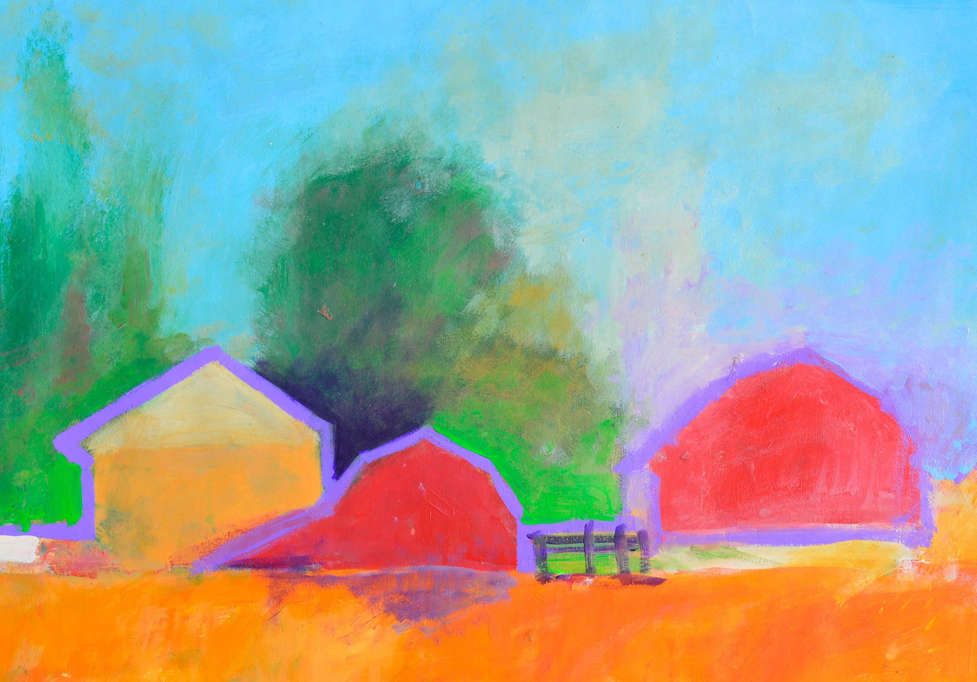 Fienili di campagna luminosi - Paesaggio agricolo moderno astratto in acrilico su carta - Painting Pop Art di Michael William Eggleston