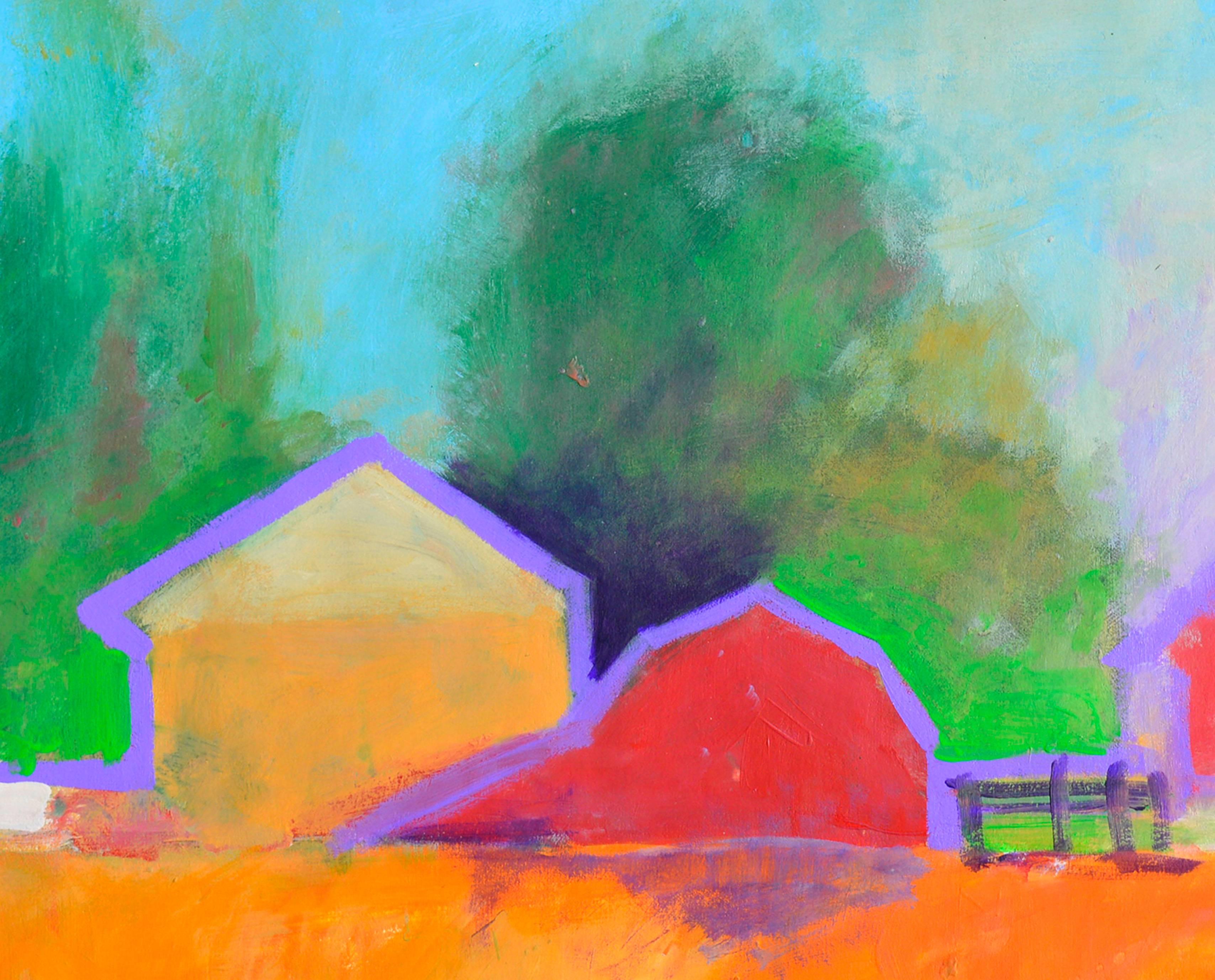 Fienili di campagna luminosi - Paesaggio agricolo moderno astratto in acrilico su carta - Abstract Painting Blu di Michael William Eggleston
