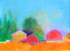 Bright Country Barns - Paysage agricole moderne abstrait à l'acrylique sur papier