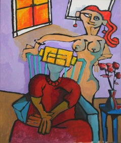 Escena interior figurativa cubista contemporánea a gran escala