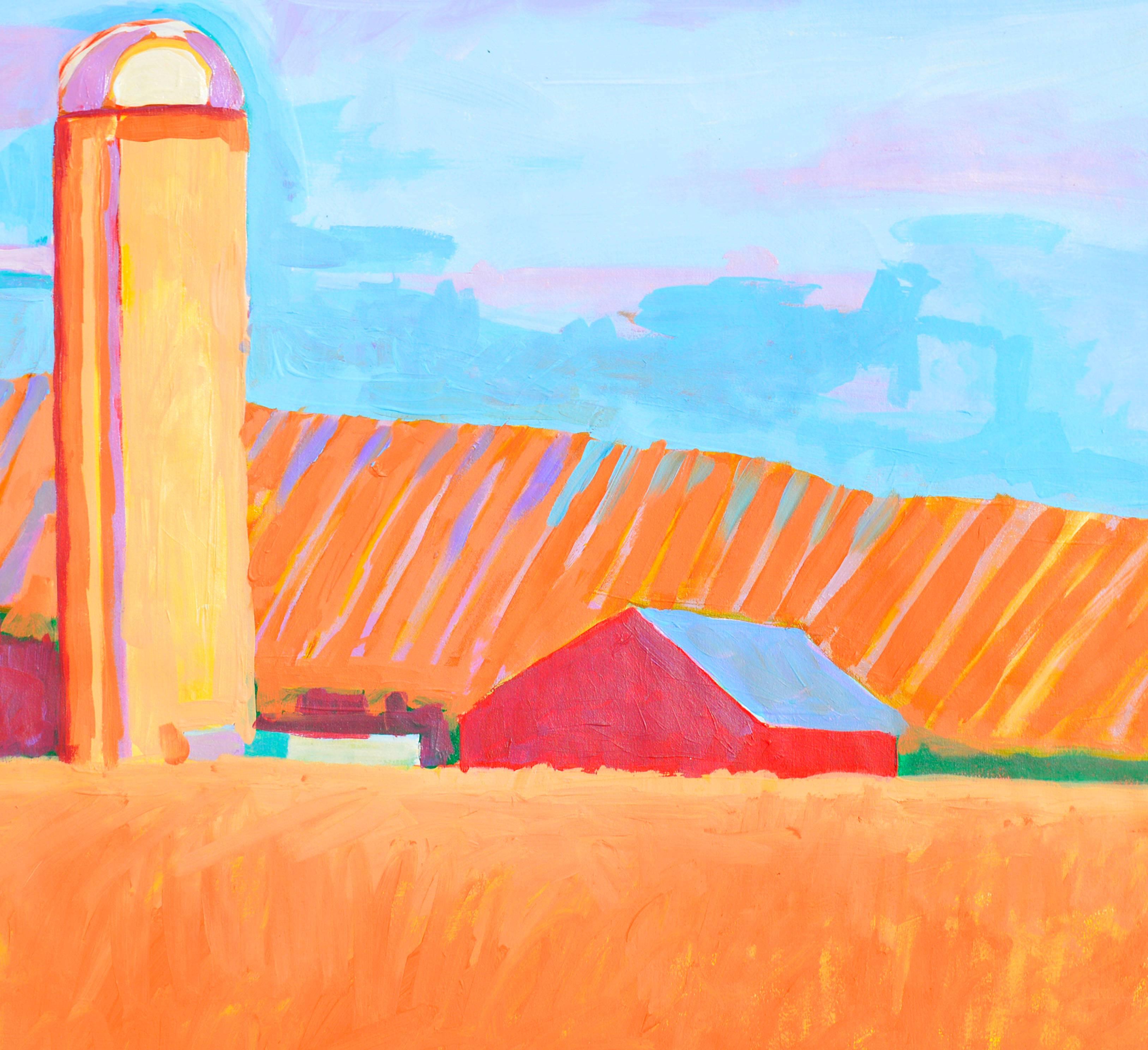Terres agricoles en automne - Pop Art contemporain Paysage pastoral - Orange Landscape Painting par Michael William Eggleston