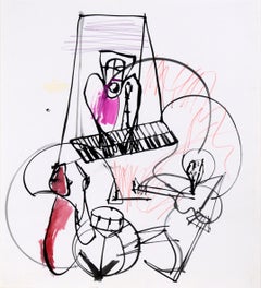 Trio de jazz expressionniste abstrait à l'encre et aquarelle sur papier