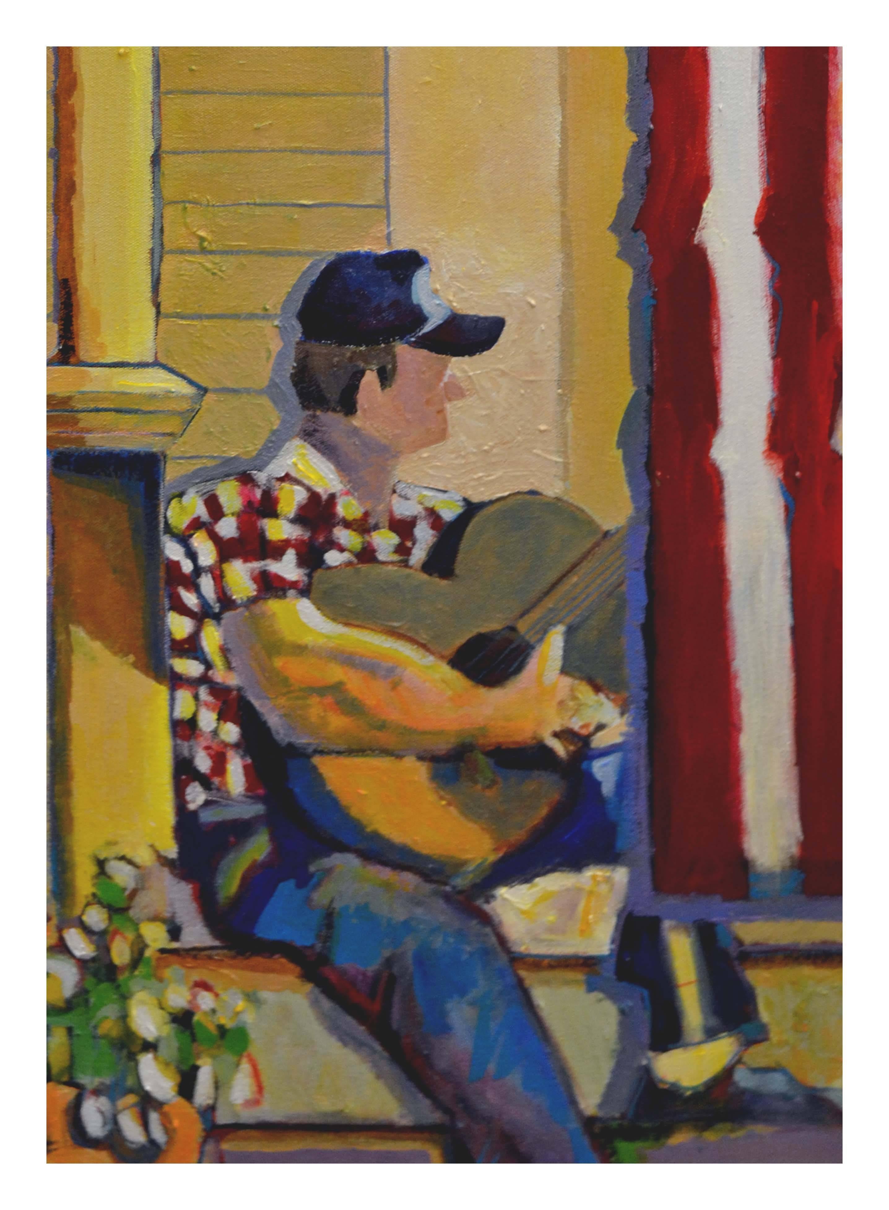 El hombre y su guitarra - Composición figurativa impresionista al óleo sobre lienzo - Painting de Michael William Eggleston