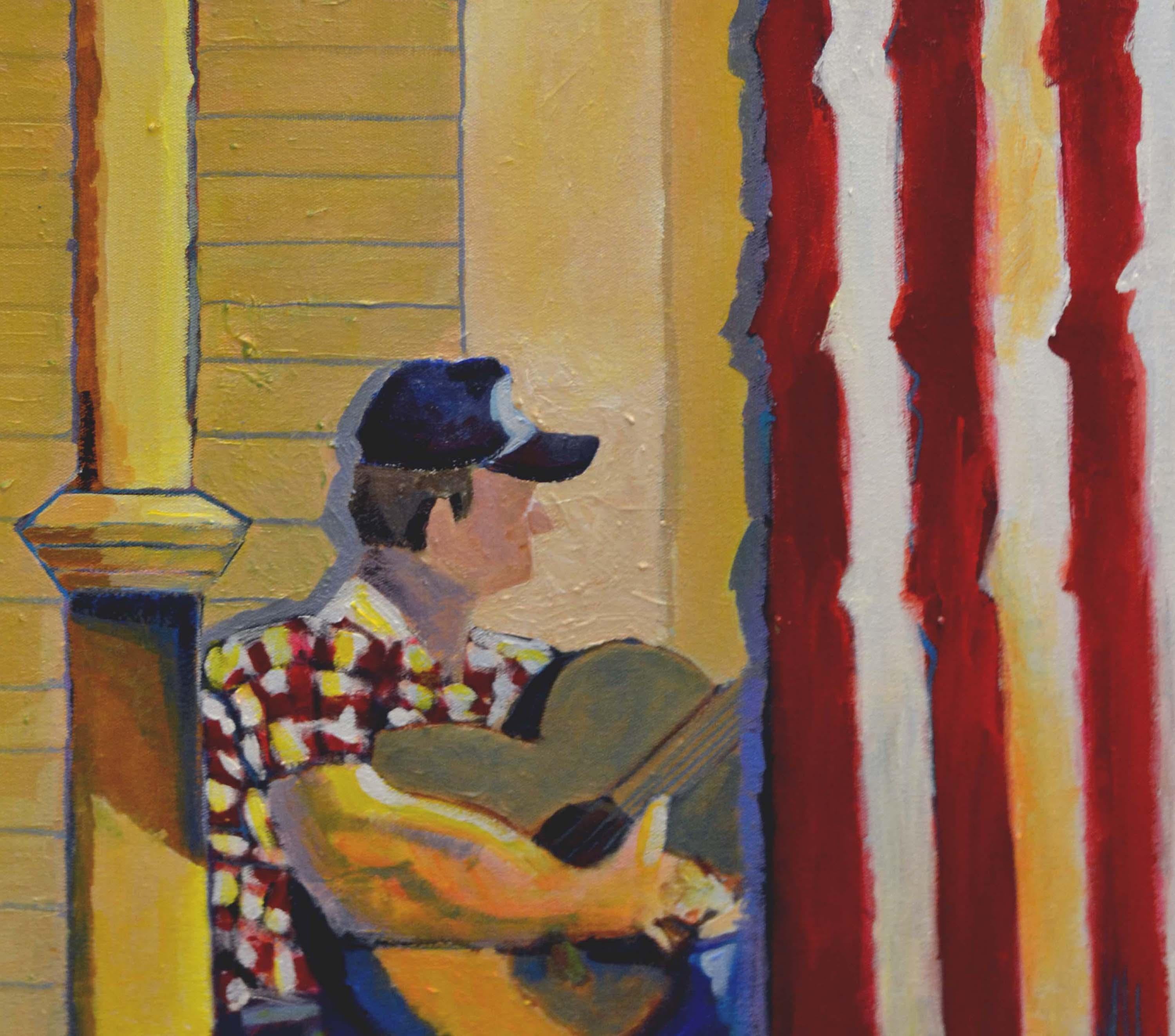 El hombre y su guitarra - Composición figurativa impresionista al óleo sobre lienzo - Painting Impresionista de Michael William Eggleston