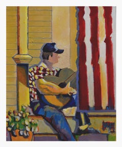 Man and His Guitar - Figurative Impressionist Composition in Oil on Canvas